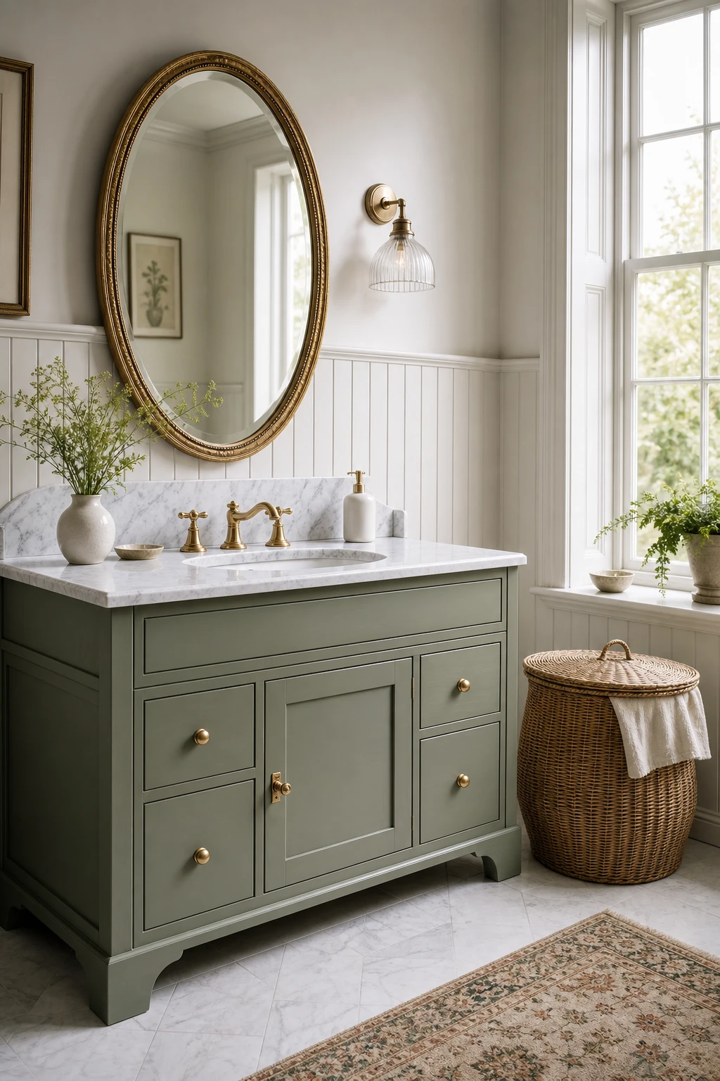 English country bathroom vanity with sage green and white cabinetry, shiplap walls, brass fixtures, and natural light from a sash window