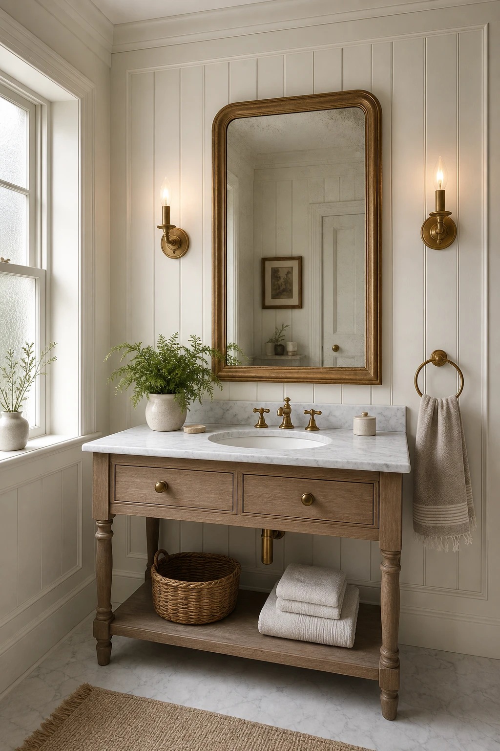English country bathroom vanity with shiplap wood panelling painted in Farrow and Ball Joas White, marble countertop, brass taps and framed mirror above
