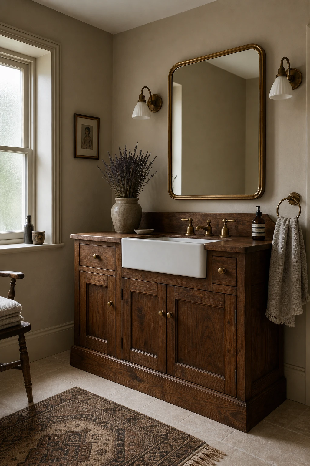 English country bathroom vanity with stained wood finish cabinet, stone walls painted Oxford Stone, brass fixtures, and natural light from a frosted sash window