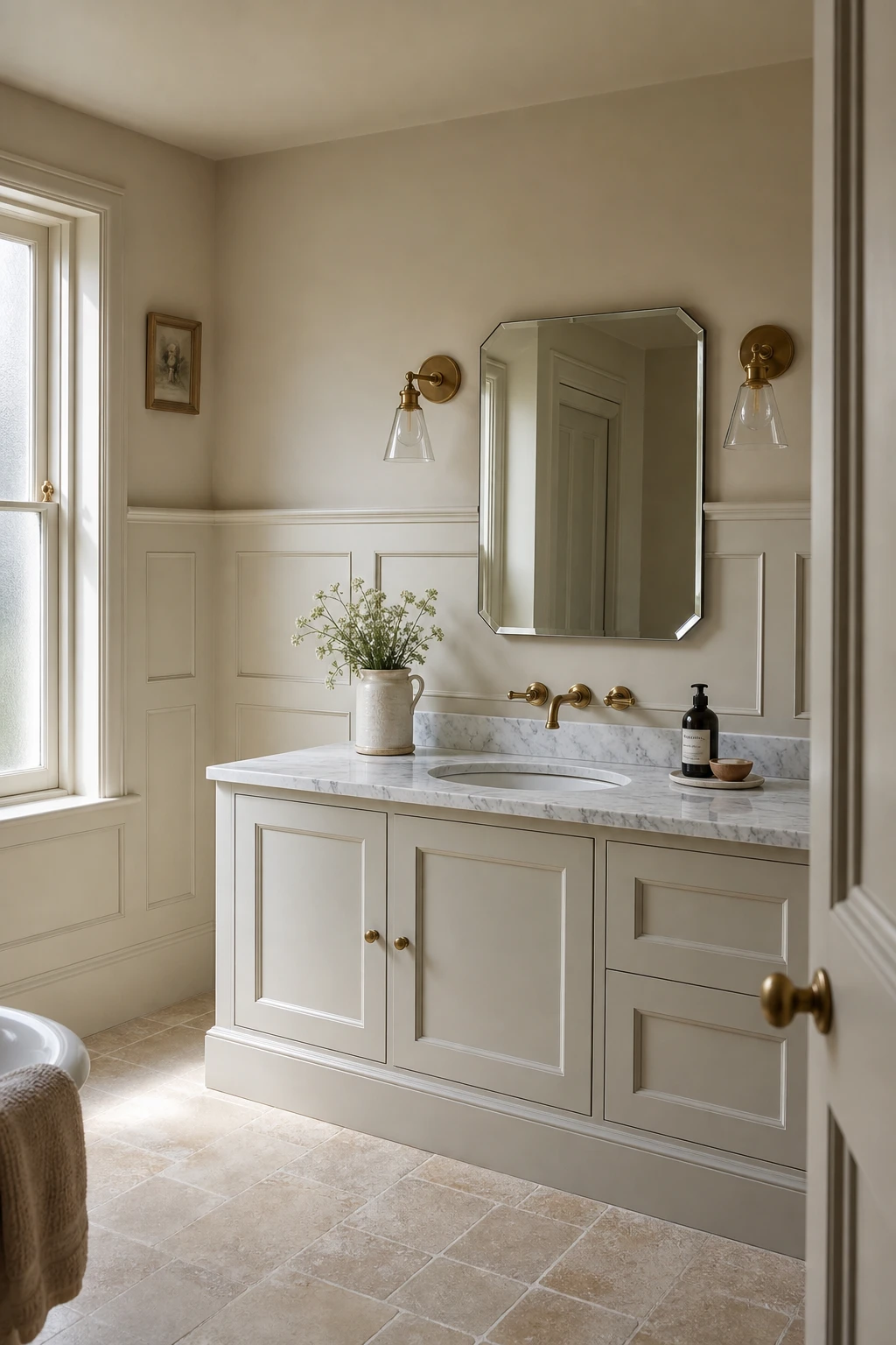 English country bathroom vanity with tall shaker panel wainscoting painted Cornforth White, marble countertop, brass fixtures, and soft natural morning light