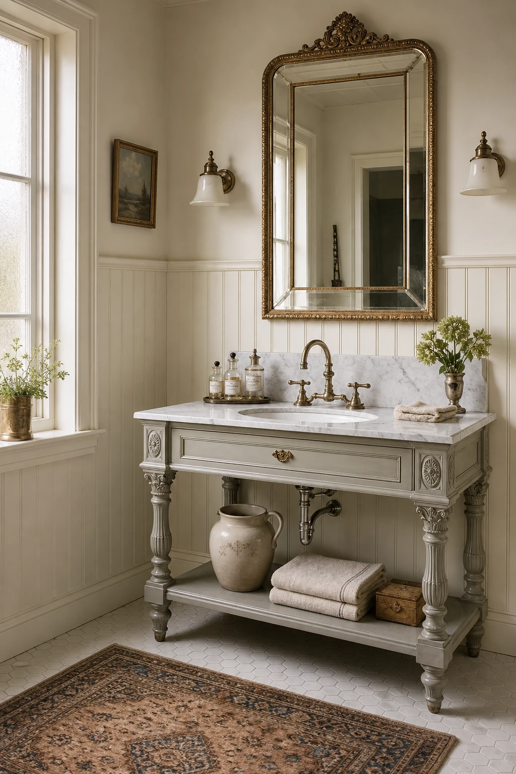 English country bathroom vanity with Victorian vanity as hero, ornate moulding, turned legs, warm white walls and classic period details in soft natural light