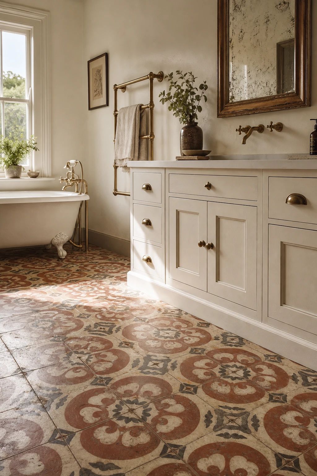 English country bathroom vanity with vintage patterned floor tiles as the hero, painted cabinetry, freestanding tub, and warm morning light