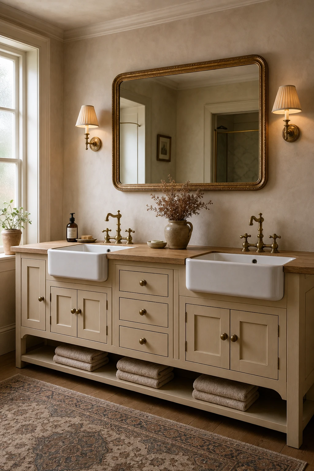 English country bathroom with a wide double sink wooden vanity painted Farrow & Ball Buff, two ceramic basins, brass taps, and soft morning light through a frosted sash window