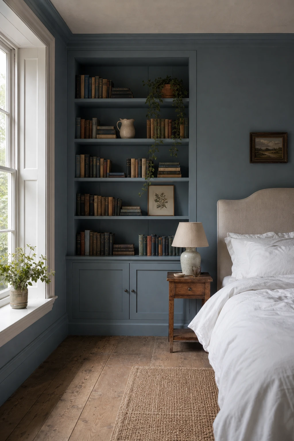 English country bedroom with a floor to ceiling built in bookcase painted Blue Ground, styled with stacked books, ceramic objects and soft linen bedding nearby