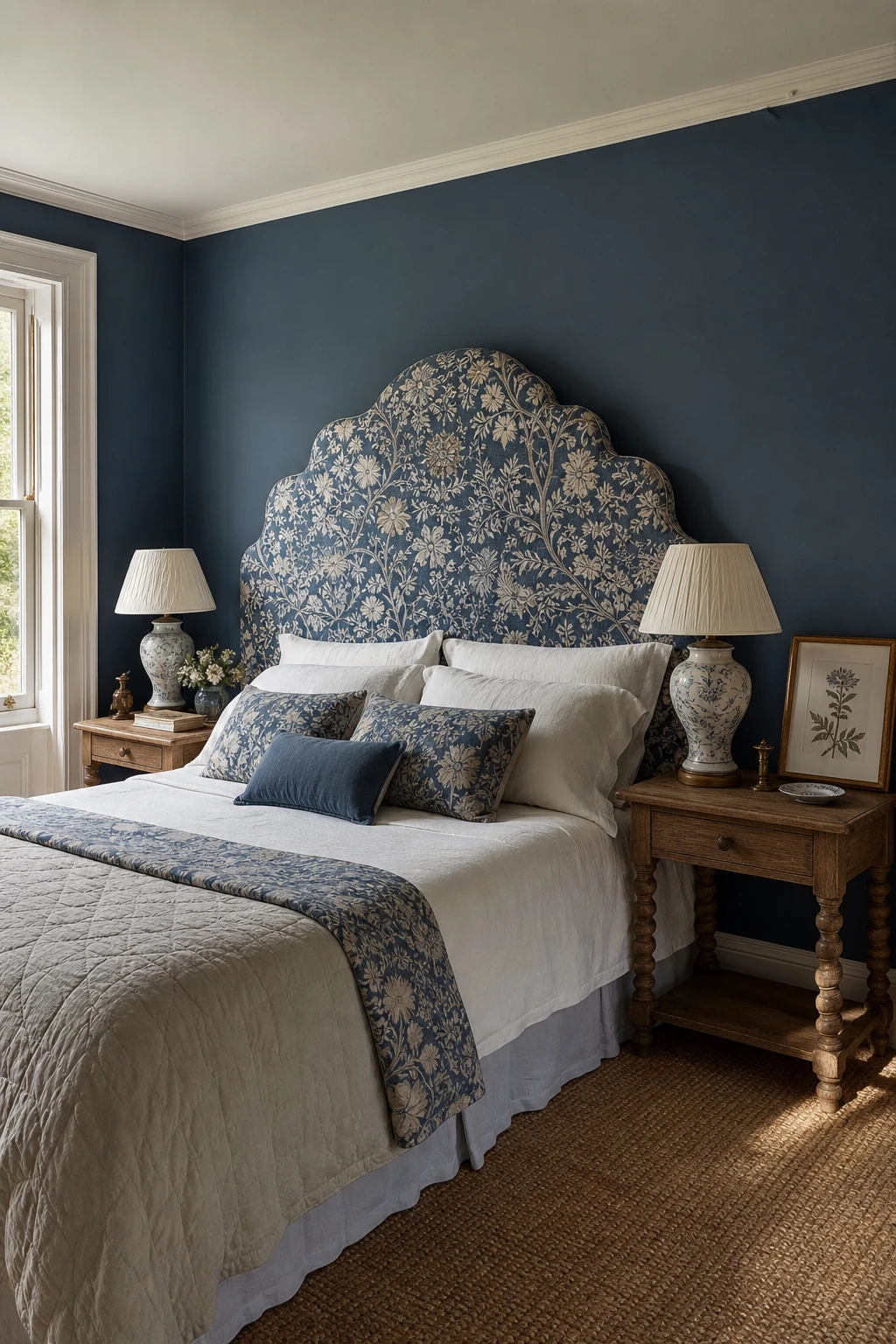 English country bedroom with a large patterned headboard upholstered in heritage blue print, linen bedding, wood nightstands, and Farrow & Ball Kakelugn walls