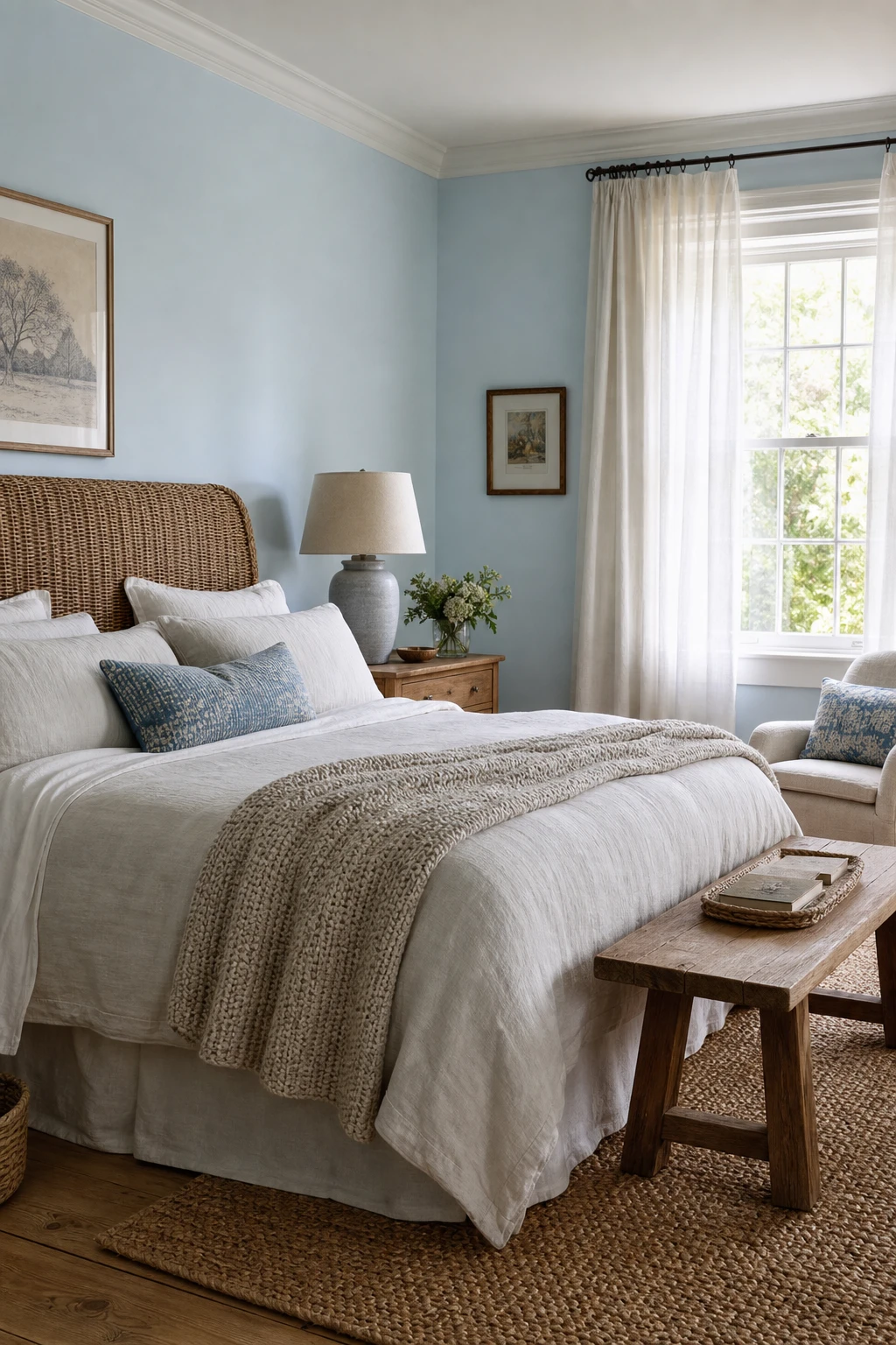 English country bedroom with baby blue walls, rattan headboard, oak bedside table, linen bedding, and soft morning light through sheer curtains