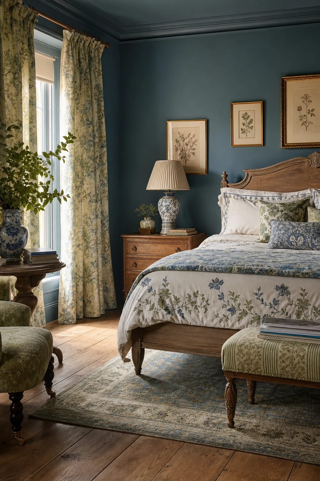 English country bedroom with blue and green pairing, floral bedding, botanical curtains, and Farrow & Ball Dix Blue walls in soft morning light