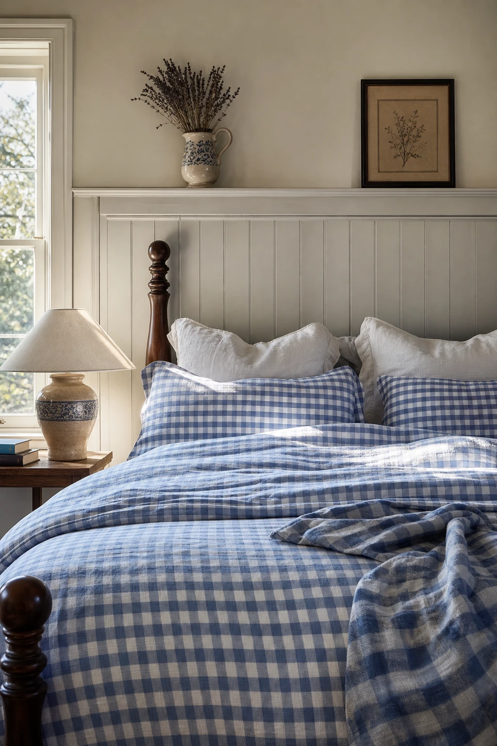 English country bedroom with blue gingham bedding as the hero, layered linen pillows, painted tongue and groove wall, soft morning light, Sugar Bag Light walls