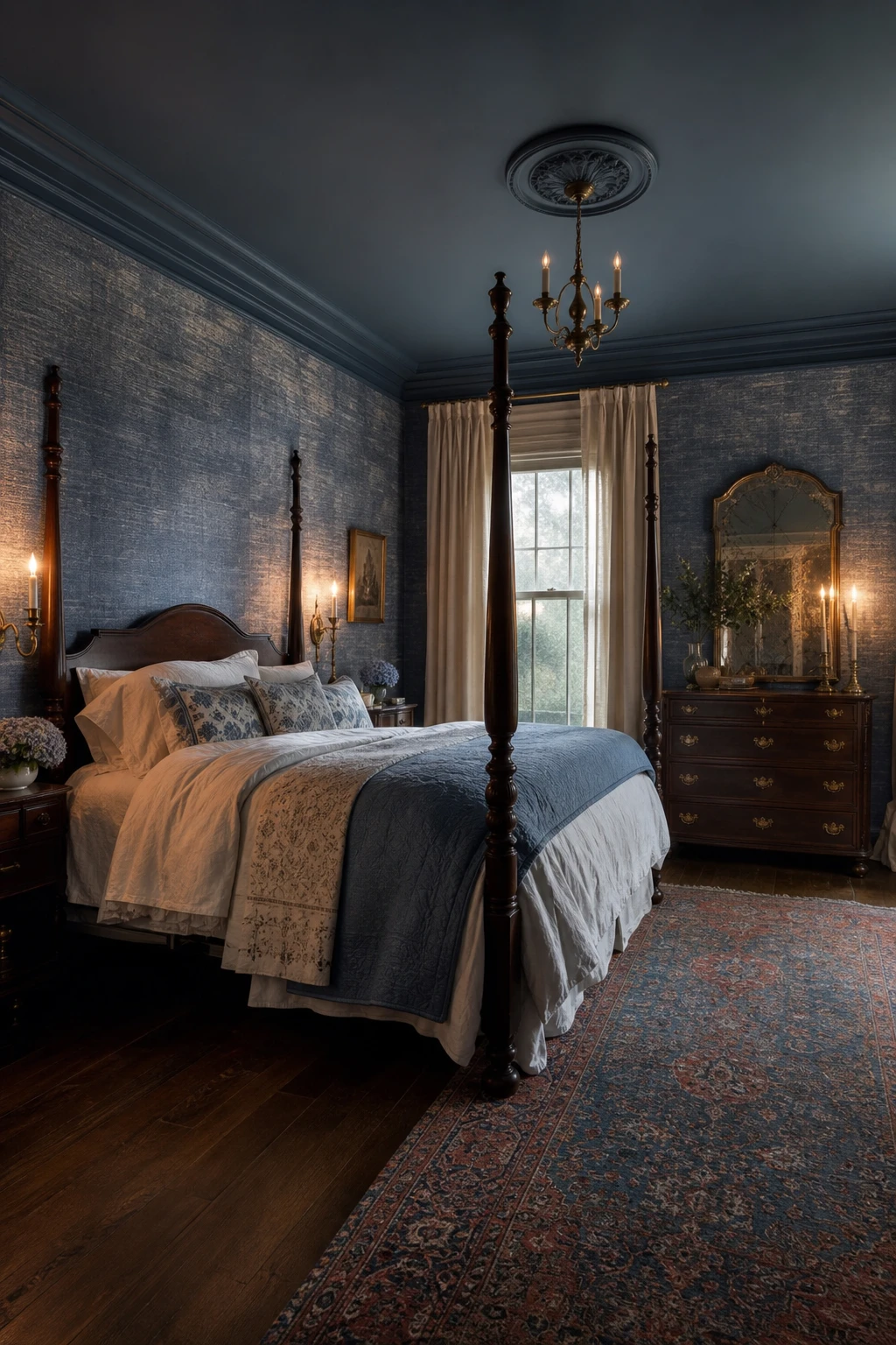 English country bedroom with blue silk wallpaper as hero feature, four poster bed, candlelight sconces, antique dresser and Oval Room Blue painted cornice
