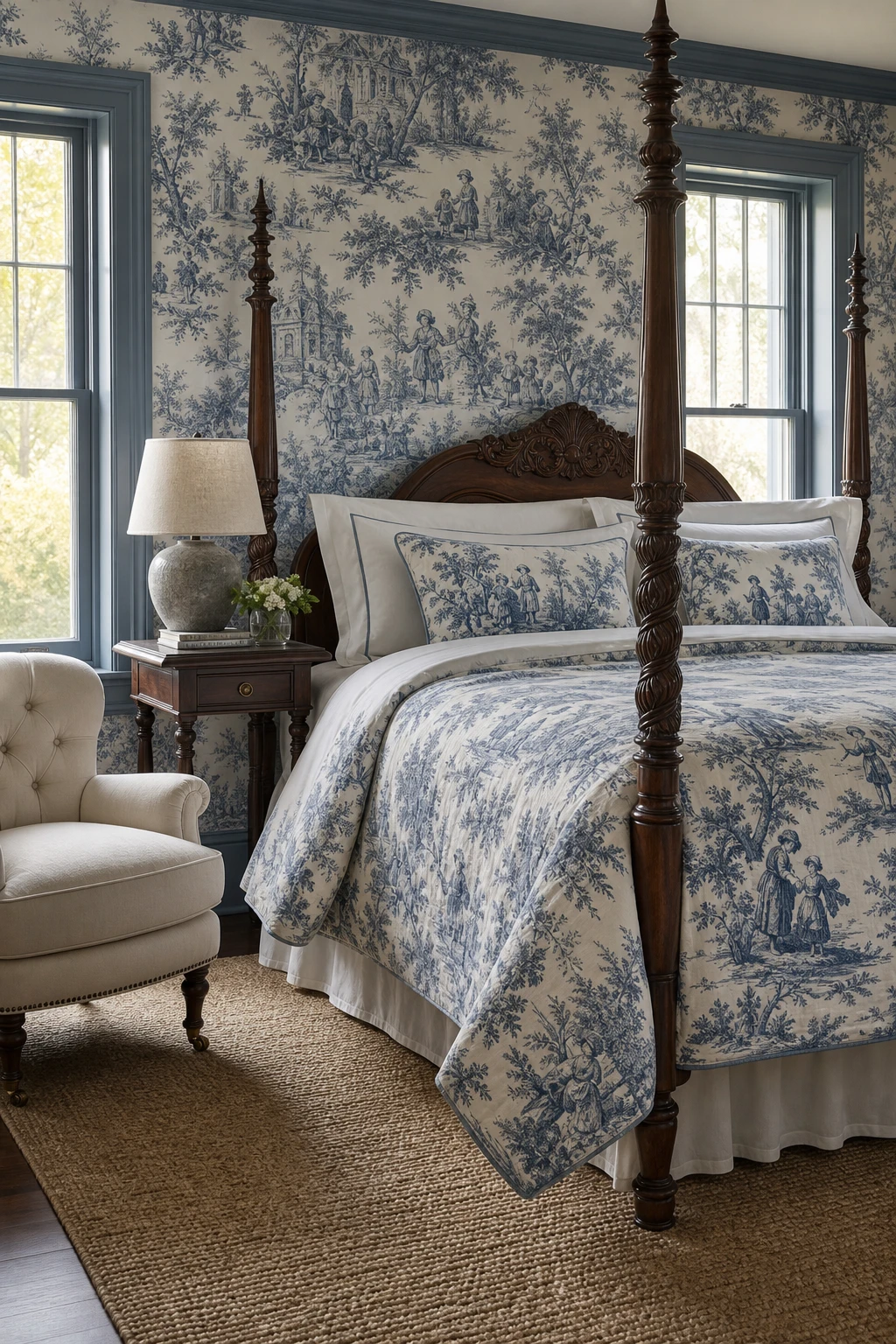English country bedroom with blue toile pattern on walls and bedding, Farrow and Ball Cooks Blue painted trim, soft morning light through sash windows