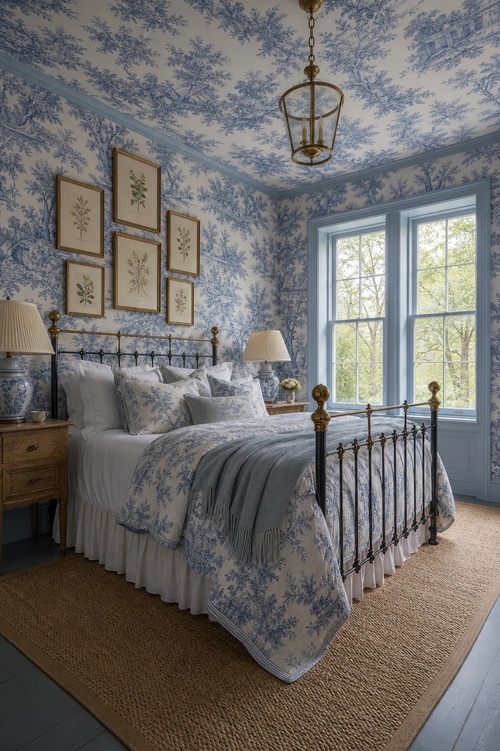 English country bedroom with blue toile wallpaper wrapping walls and ceiling, antique brass bed, linen bedding, casement windows and vintage botanical prints