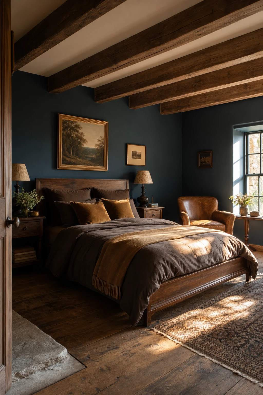 English country bedroom with blue walls in Farrow and Ball Drawing Room Blue paired with warm brown tones in timber, leather and linen soft furnishings