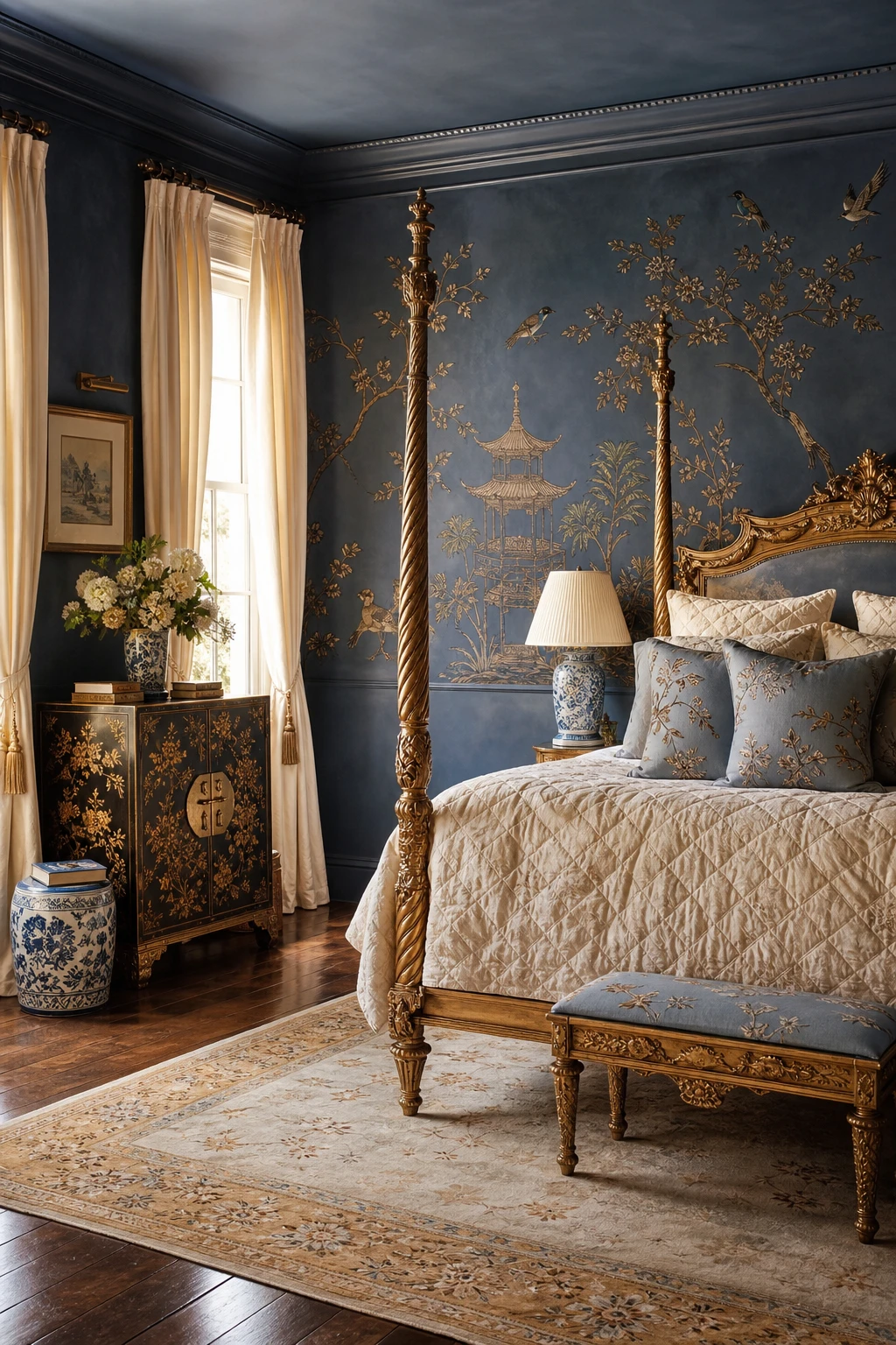 English country bedroom with chinoiserie motifs, gilded frames, hand painted wall panels and Farrow & Ball Chinese Blue walls in warm morning light