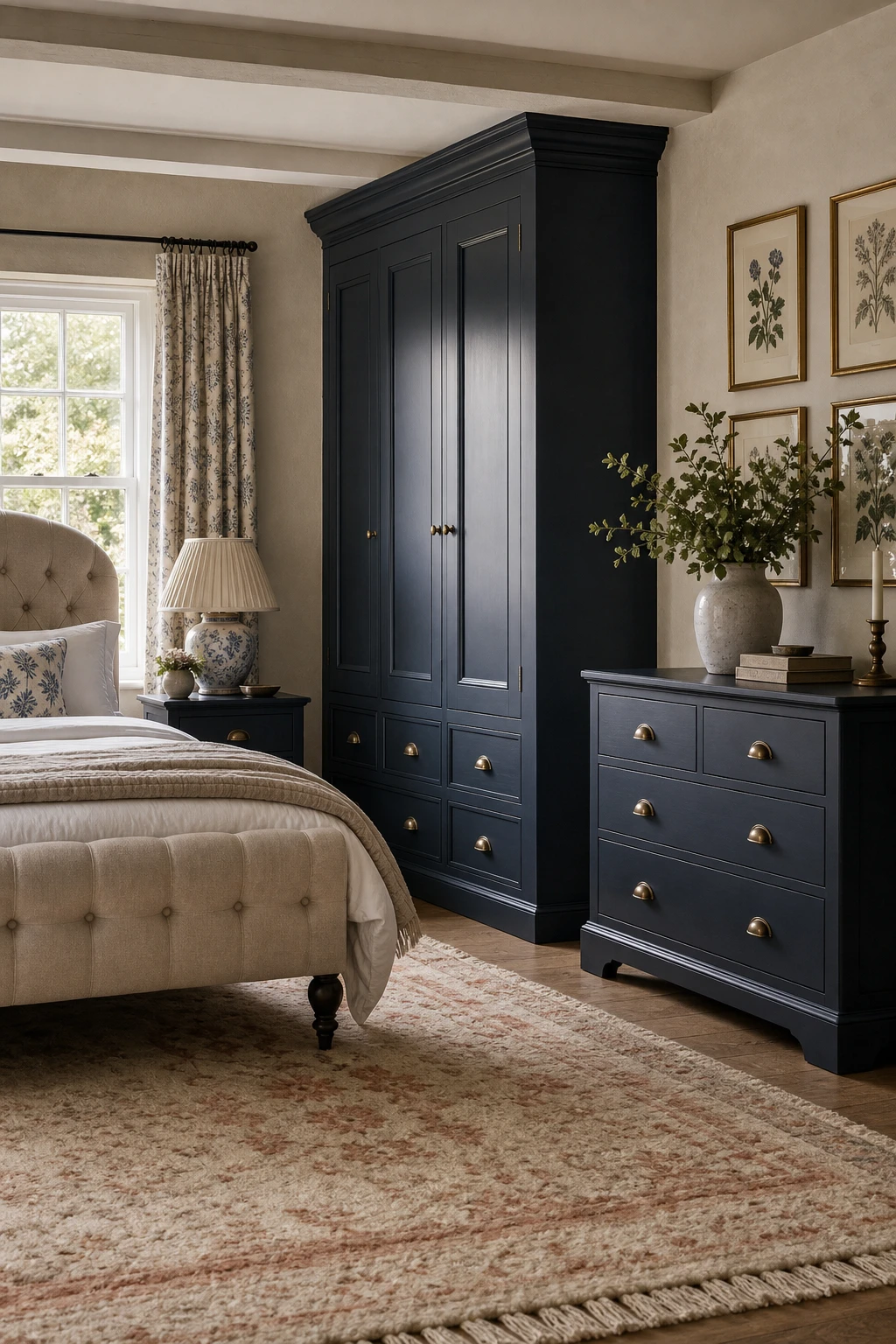 English country bedroom with dark blue furniture as the hero against neutral walls painted Farrow and Ball Hague Blue on a painted wooden wardrobe