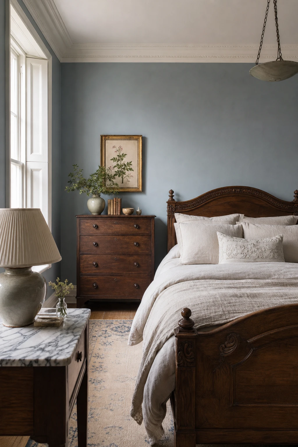 English country bedroom with Farrow and Ball Graupel painted walls, linen bedding, wooden furniture, sash windows and soft natural morning light