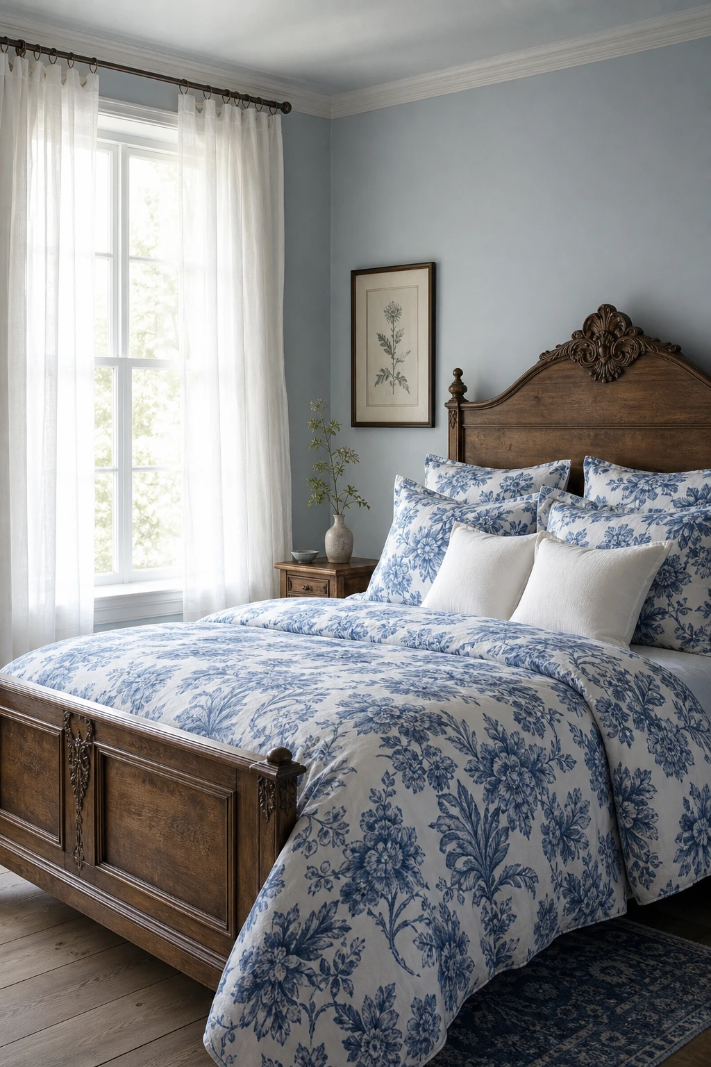 English country bedroom with floral blue print bedding as hero, plain painted walls, sash windows, antique wooden bed frame and linen cushions in soft morning light