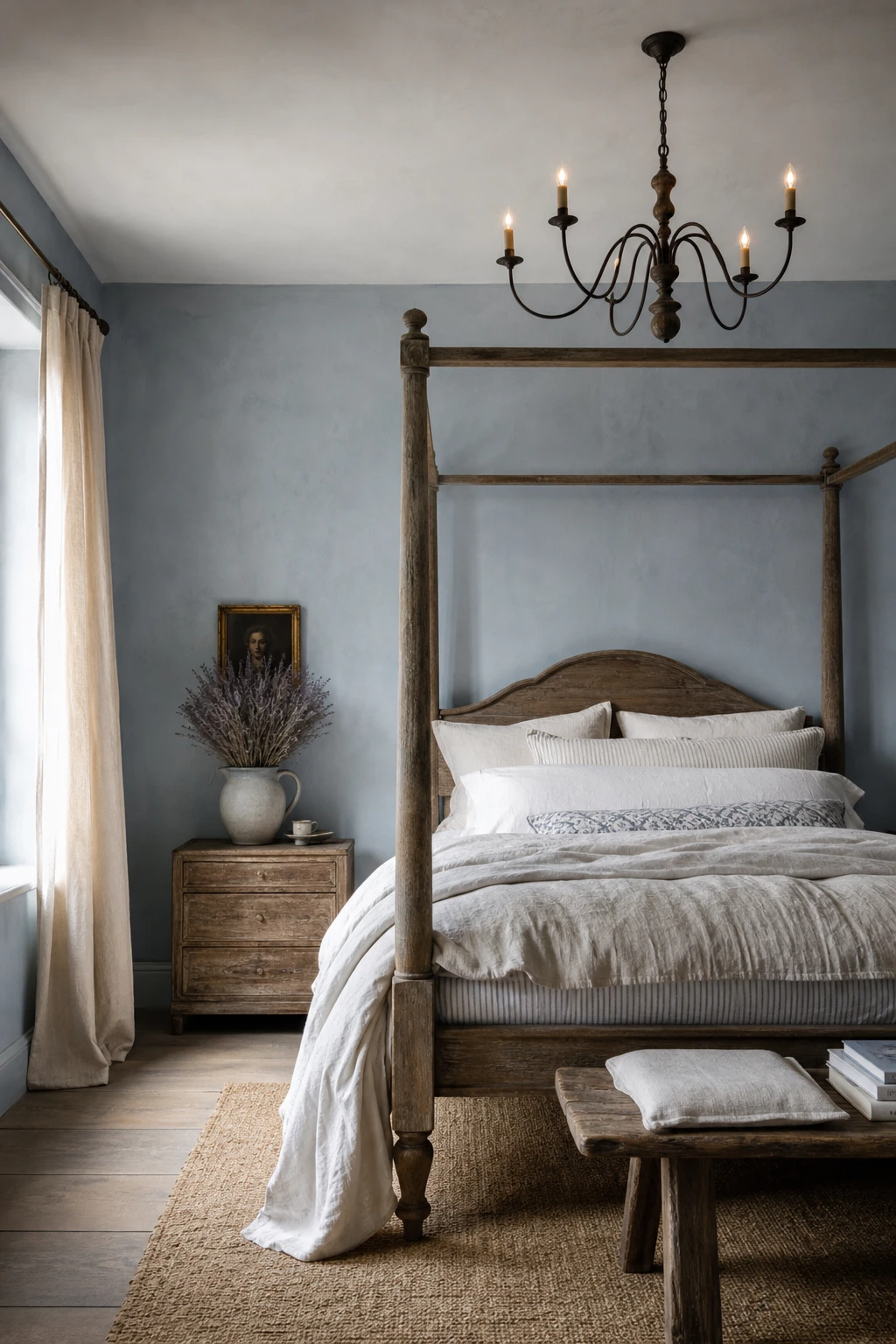 English country bedroom with French Country Blue walls painted in Farrow & Ball Pale Powder, aged timber bed, linen bedding, and soft romantic morning light