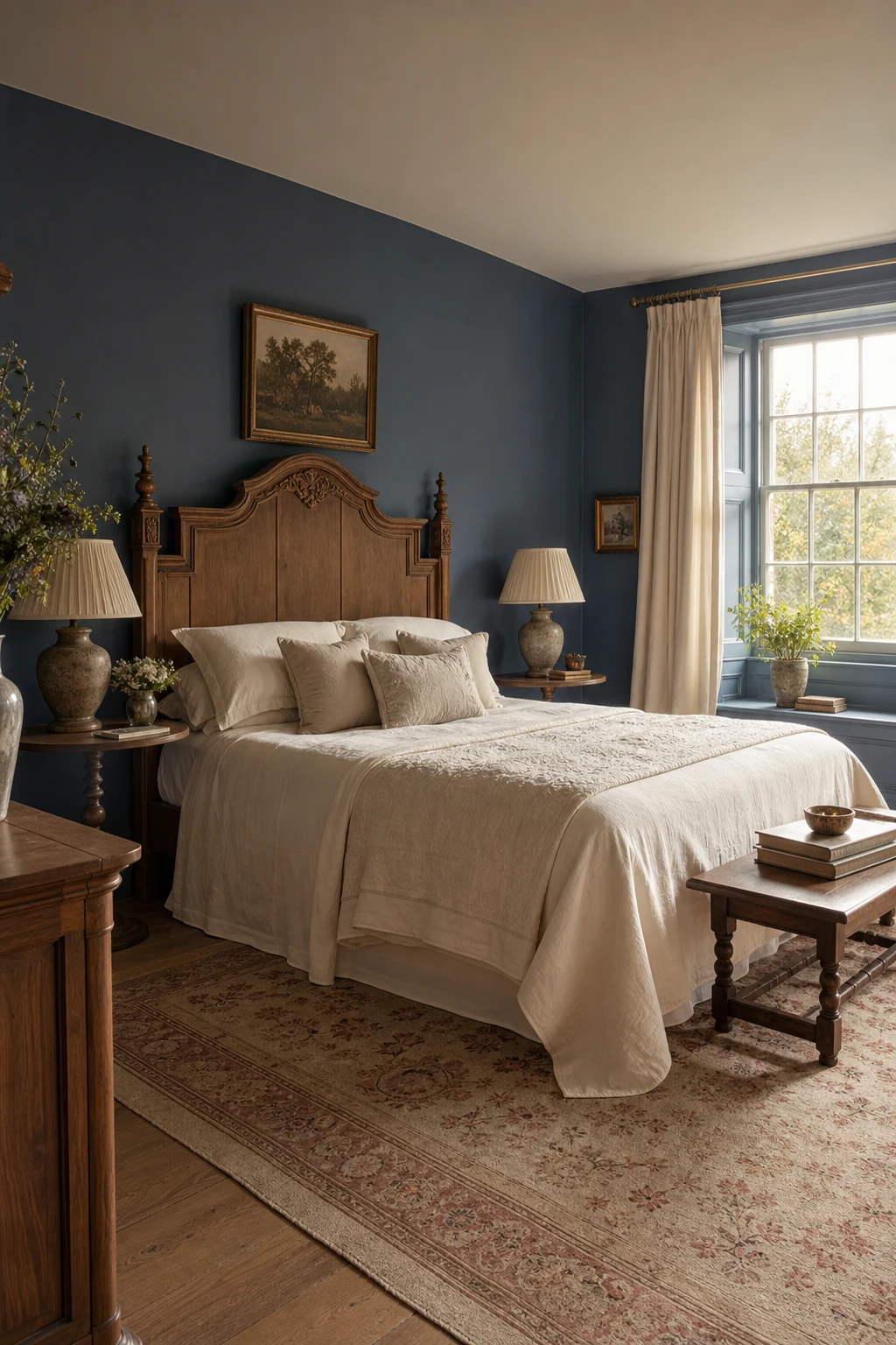 English country bedroom with St Giles Blue walls, cream linen bedding, carved timber headboard, antique rug and soft morning light through sash windows