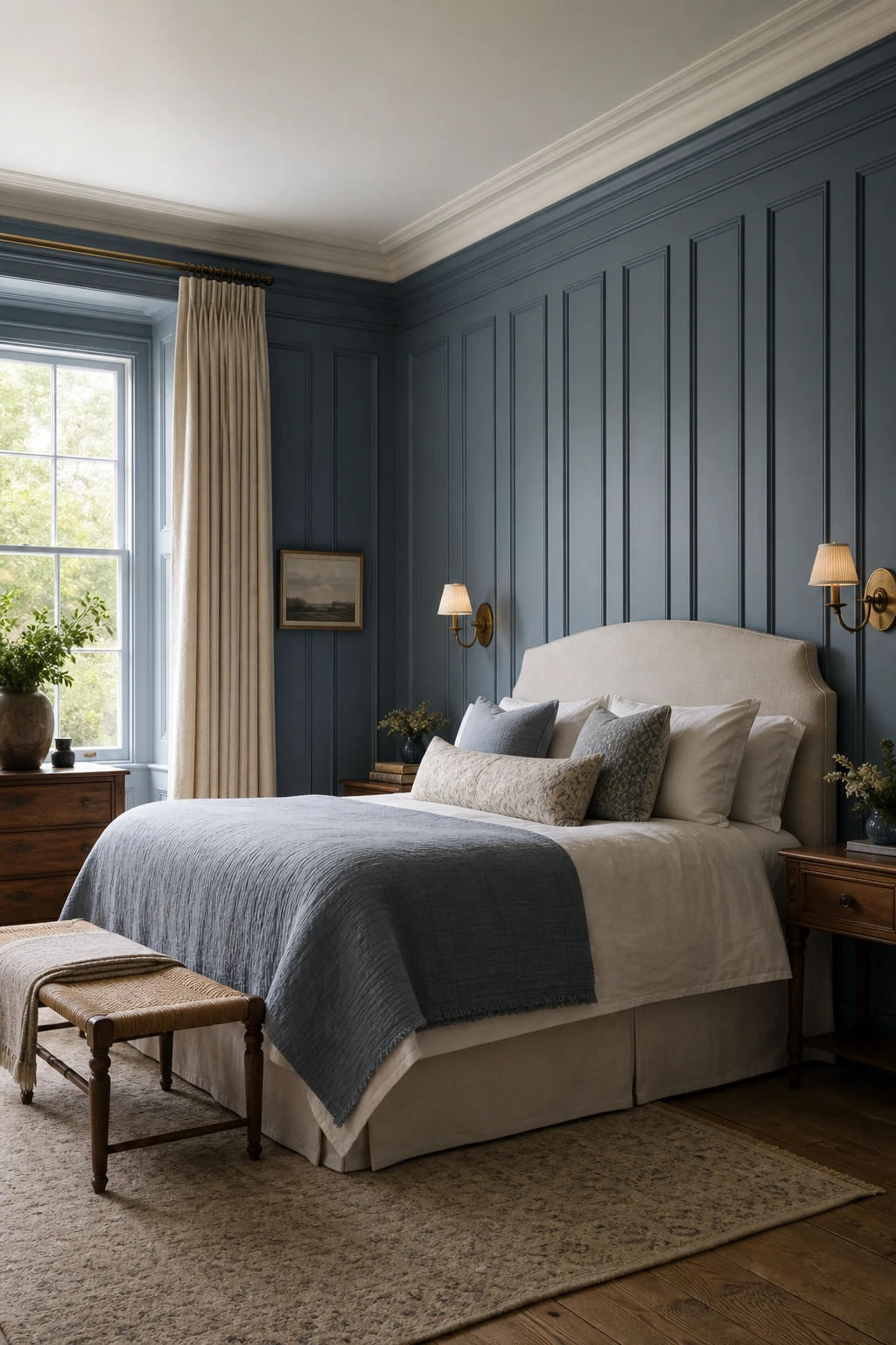 English country bedroom with wall panelling painted Farrow and Ball Bothy Blue, framed by linen curtains, aged brass sconce, and a upholstered headboard