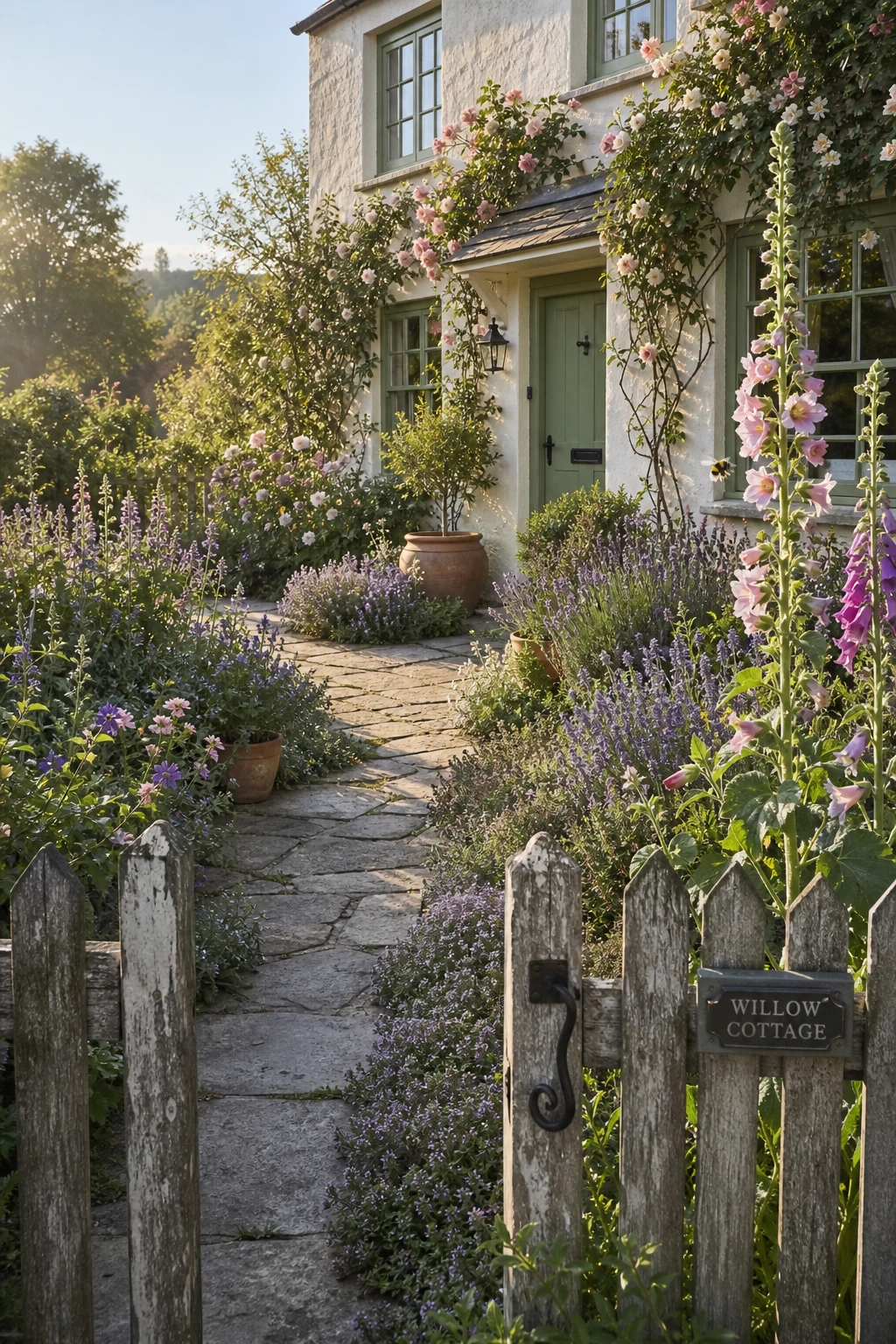 English country cottage front garden with layered planting from stone path to painted front door, roses and hollyhocks framing the entrance in full summer bloom