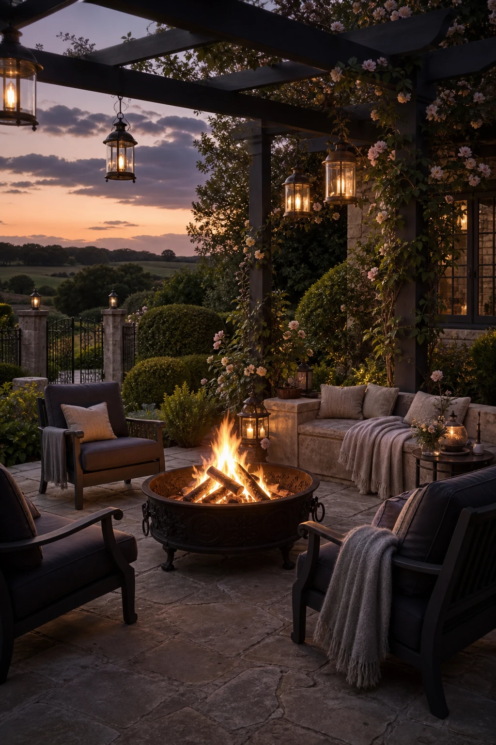 English country garden patio at dusk with a central fire pit surrounded by stone seating, climbing roses, lanterns, and Farrow & Ball Down Pipe painted garden furniture