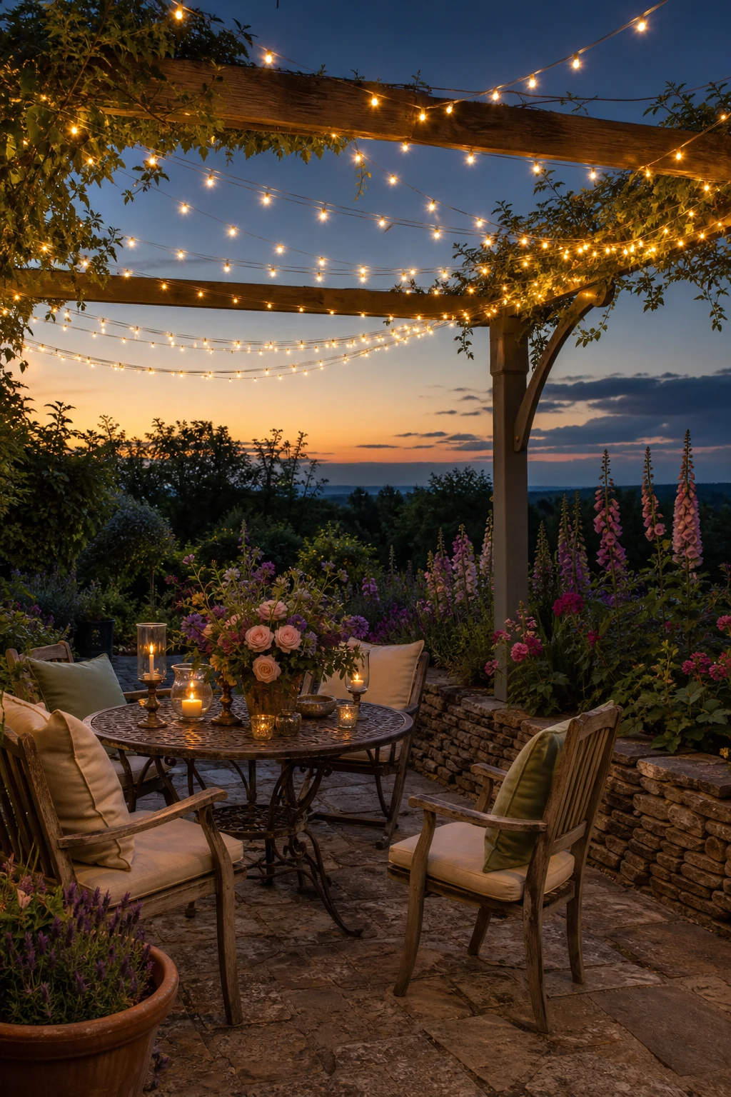 English country garden patio at dusk with a twinkle lights canopy strung overhead above a stone flagged seating area painted in Farrow and Ball Hay