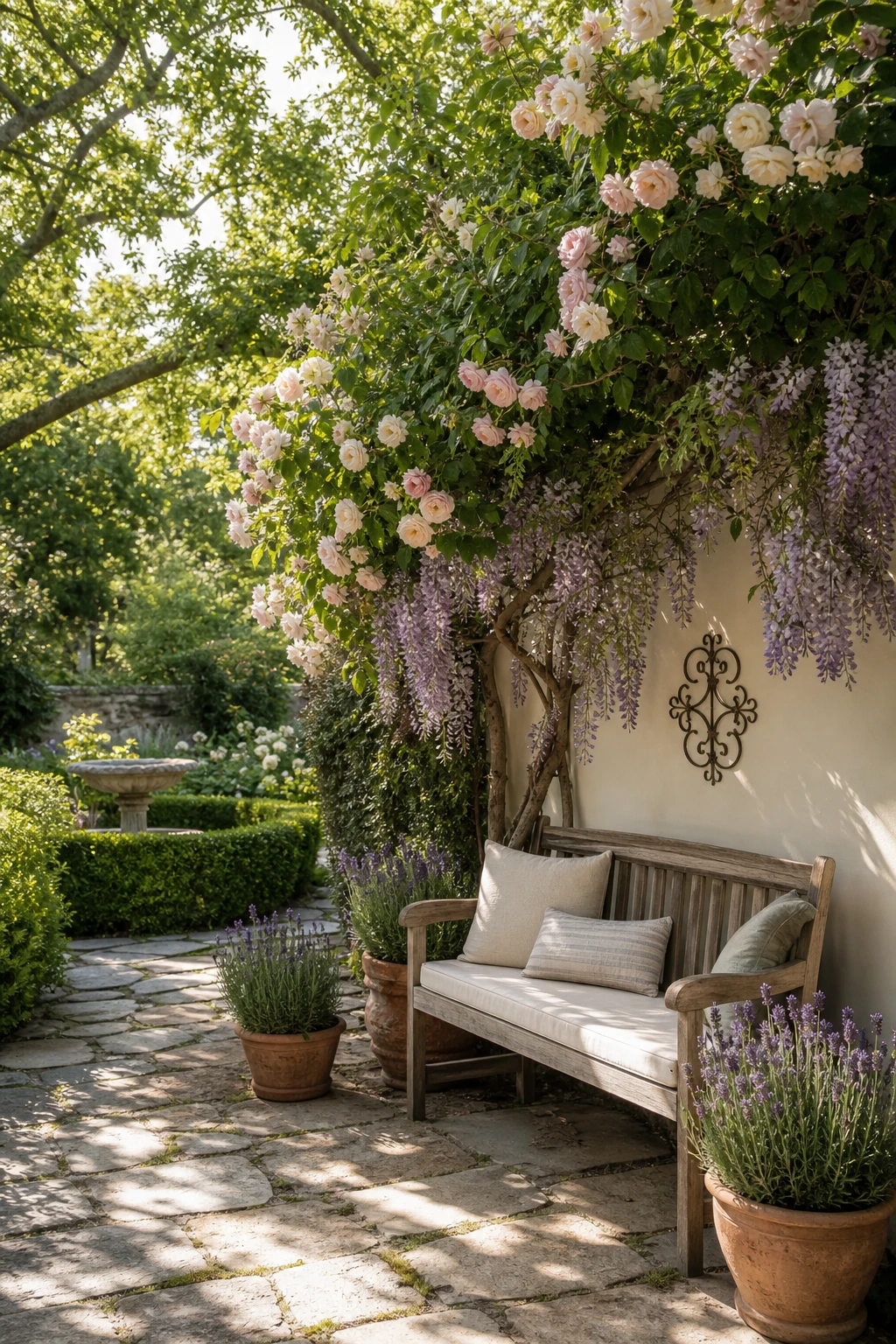 English country garden patio bench nook tucked into a flowering corner with warm white painted stone wall and climbing roses overhead