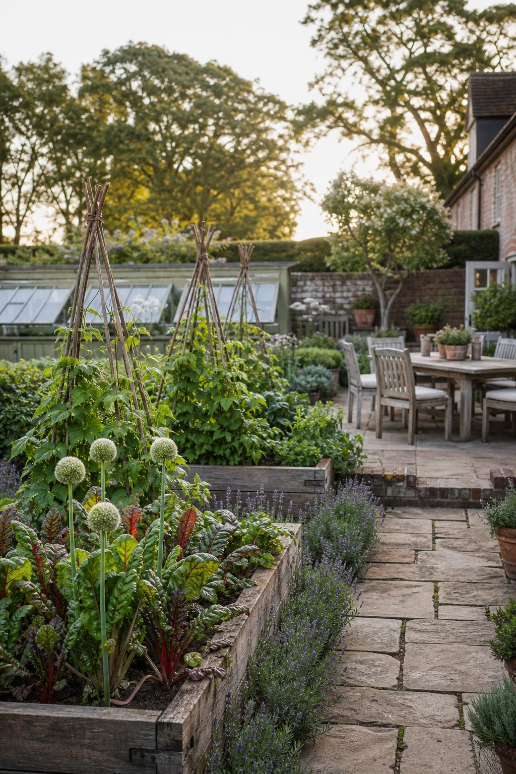 English country garden patio beside a potager kitchen garden with raised timber beds, climbing beans, herb borders, and Farrow & Ball Yeabridge Green painted cold frames