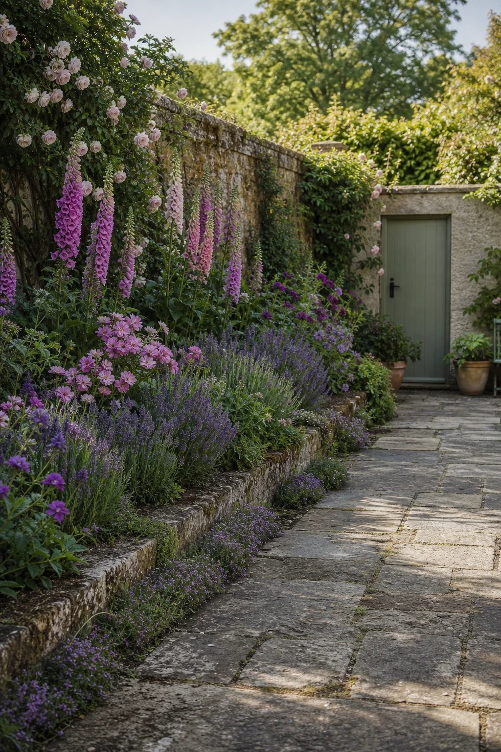 English country garden patio edge with a deep cottage border in full bloom, layered perennials and climbing roses against a Farrow & Ball Lichen painted garden wall