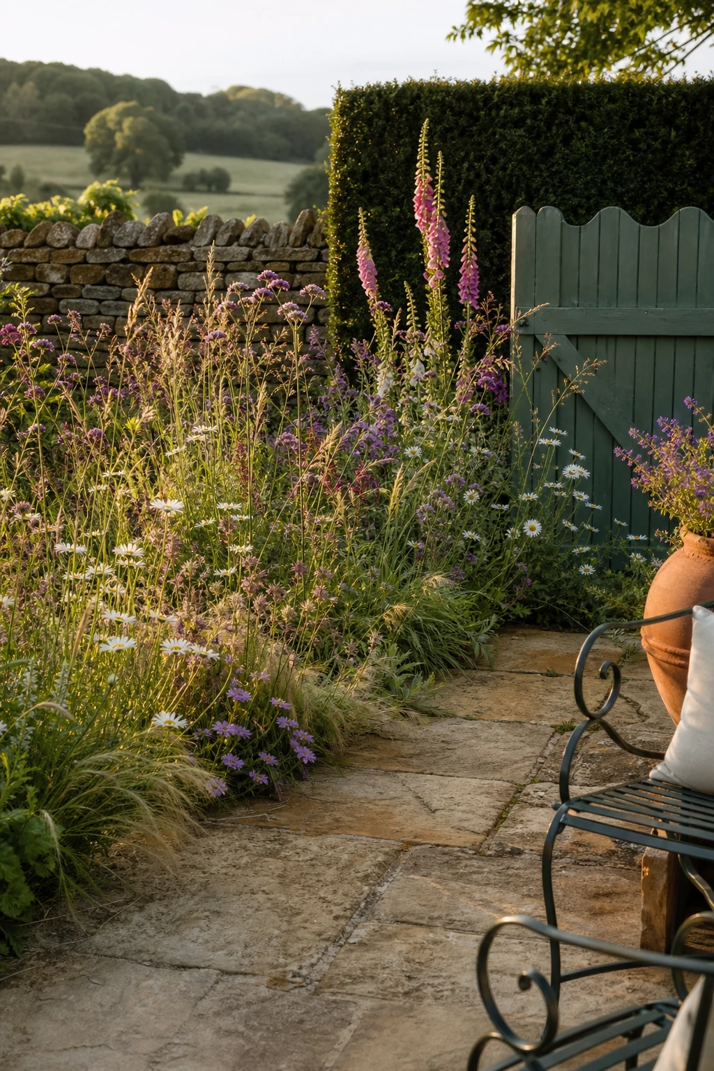 English country garden patio edged with meadow planting in naturalistic drifts, soft sage green painted gate, warm afternoon light on stone paving