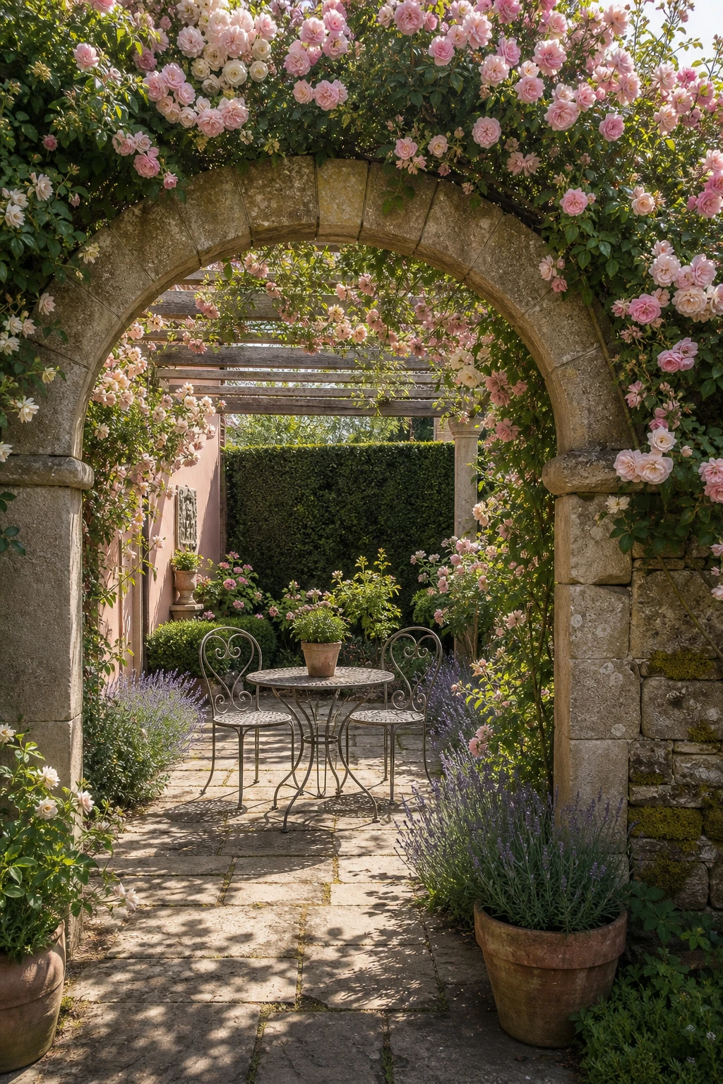 English country garden patio enclosed by climbing roses trained over a stone arch, with a weathered iron bistro set, lavender borders and a flagstone floor