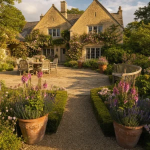 English country garden patio with sandstone flags, a honey limestone cottage backdrop, climbing roses, boxwood edging, terracotta urns and a teak dining area in warm late afternoon light.