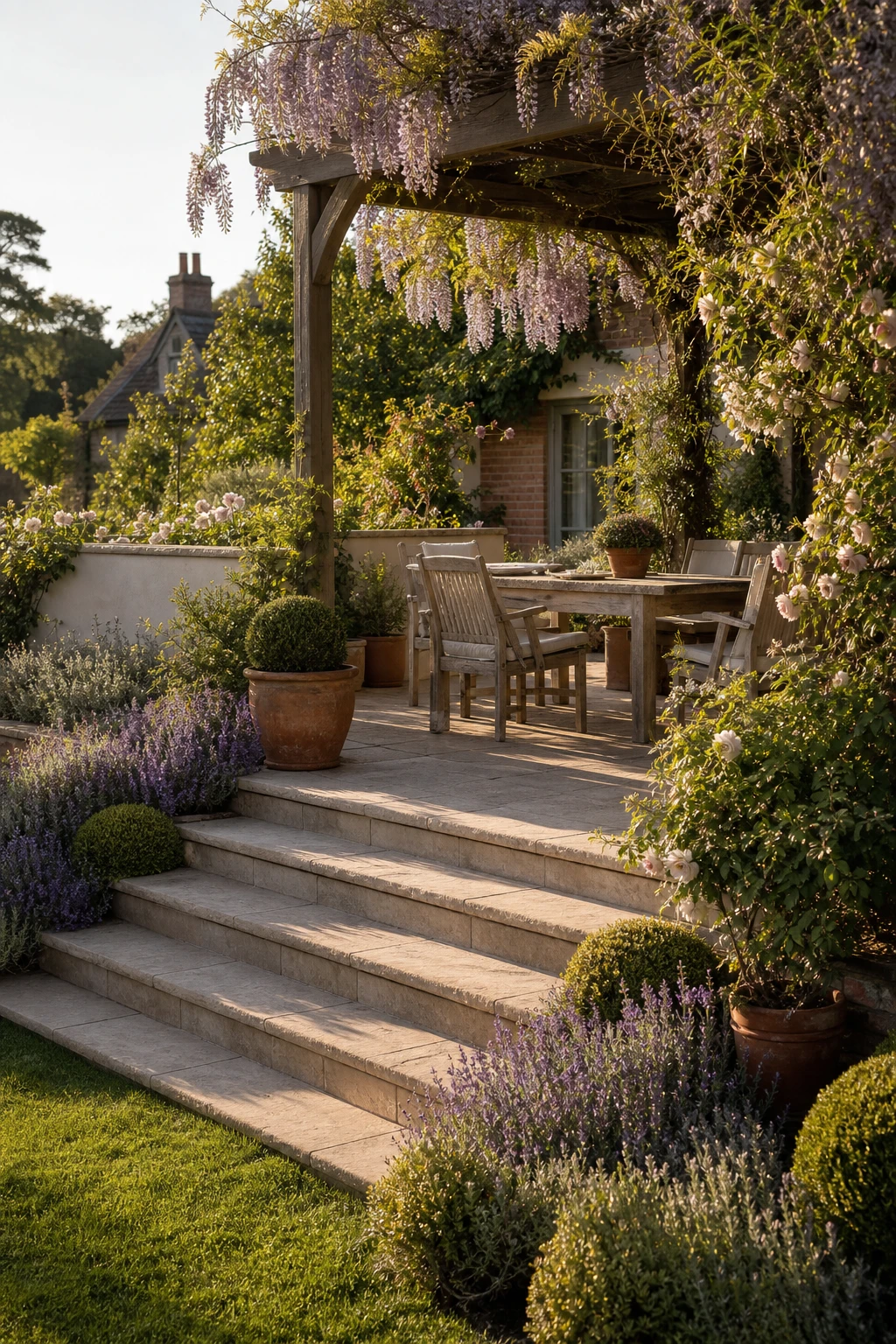English country garden patio with a raised terrace level edged in stone, soft plantings, warm neutral rendered walls, and a relaxed seating area in afternoon light
