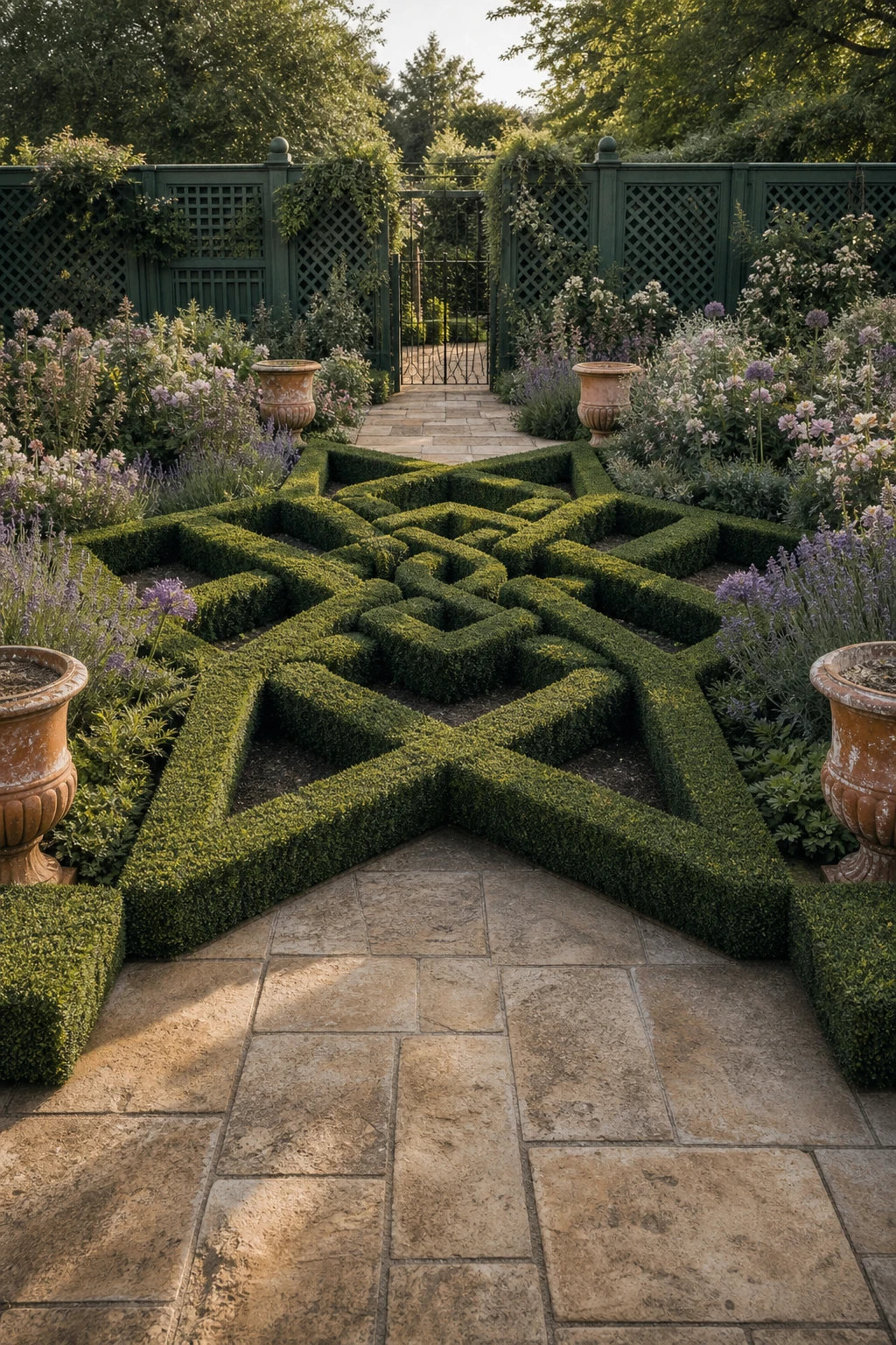English country garden patio with a Tudor knot structure at centre, clipped box hedging forming geometric patterns, aged stone paving, and Farrow and Ball Green Smoke painted timber trellis