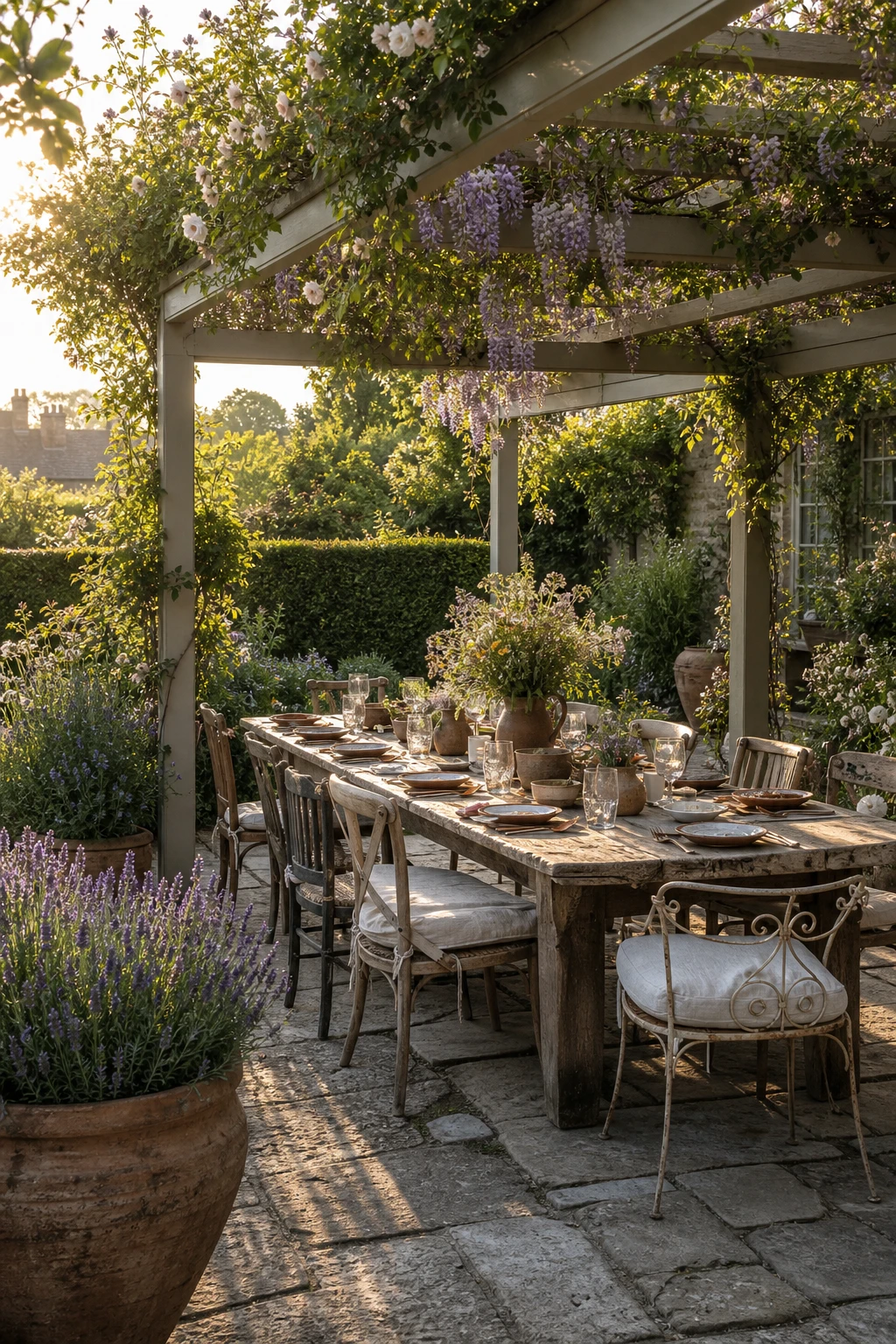 English country garden patio with al fresco dining table set beneath a rose draped pergola, warm afternoon light, Farrow & Ball Pointing painted timber posts