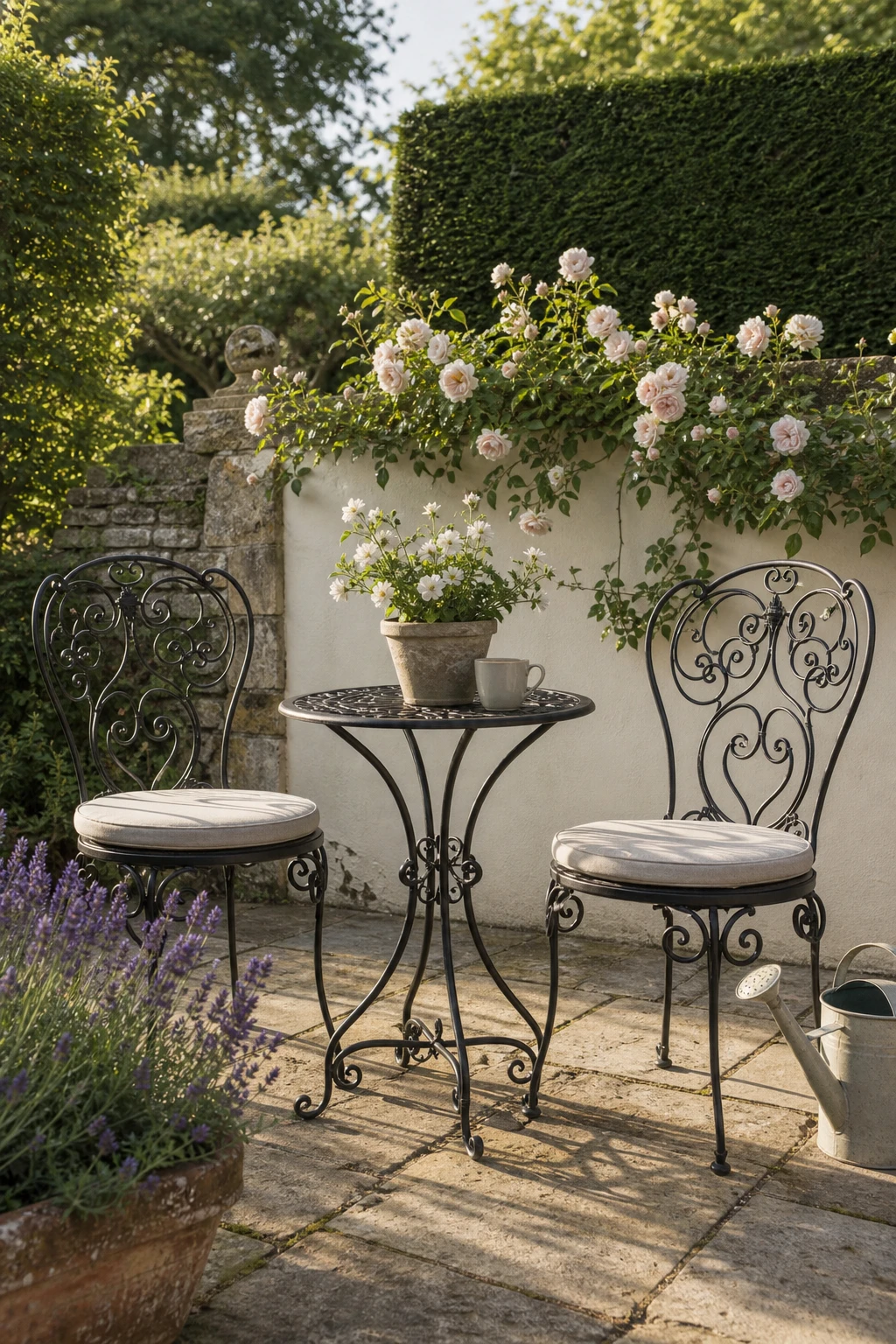 English country garden patio with an iron bistro set as the hero, surrounded by climbing roses, lavender borders, and stone paving under soft morning light