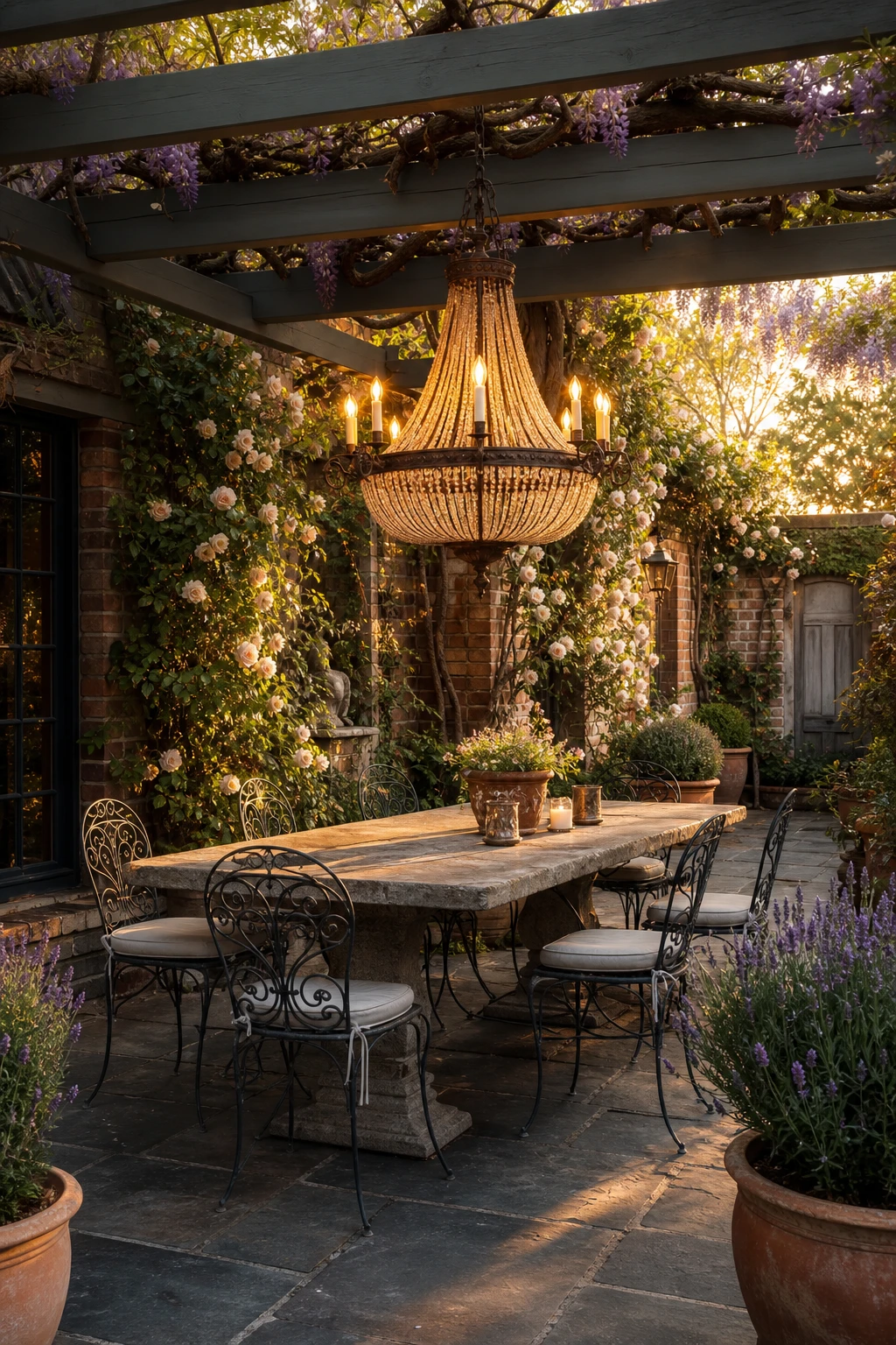 English country garden patio with an outdoor chandelier as the hero suspended above a stone dining table surrounded by climbing roses and aged brick walls