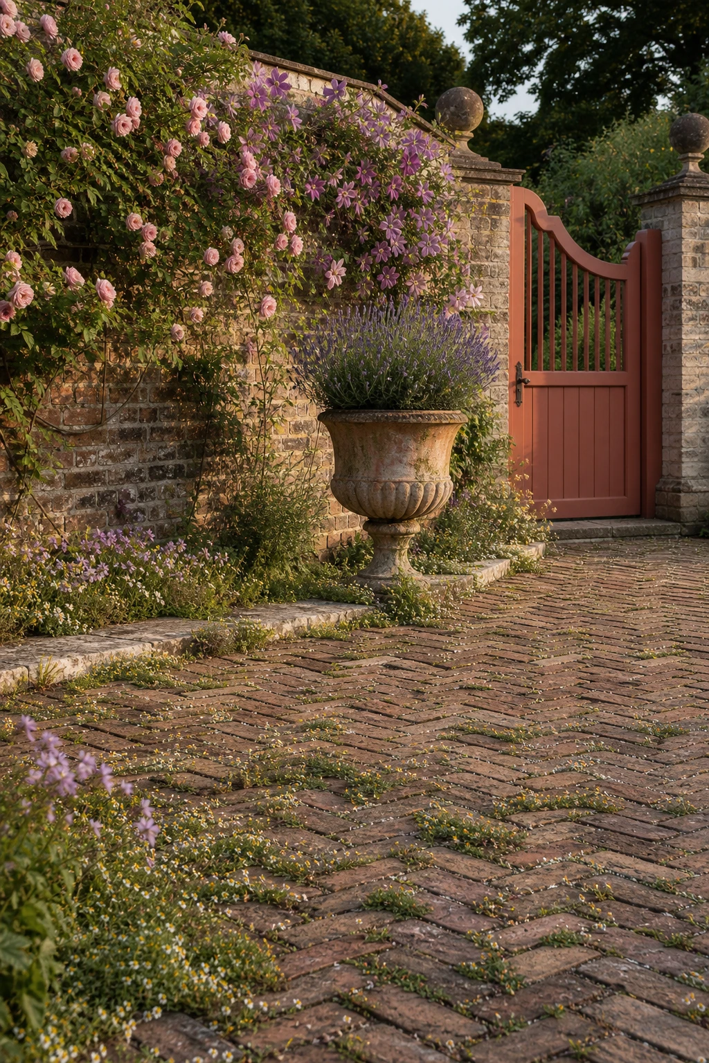 English country garden patio with brick pavers and flowering plants growing between joints, climbing roses on aged wall, soft afternoon light, Faded Terracotta painted gate