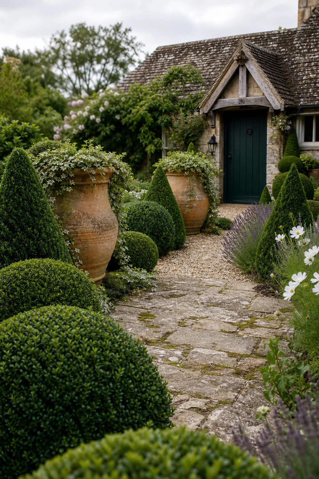 English country garden patio with clipped boxwood spheres as the hero, flanked by stone urns, a gravel path, and a Farrow and Ball Bancha painted garden door