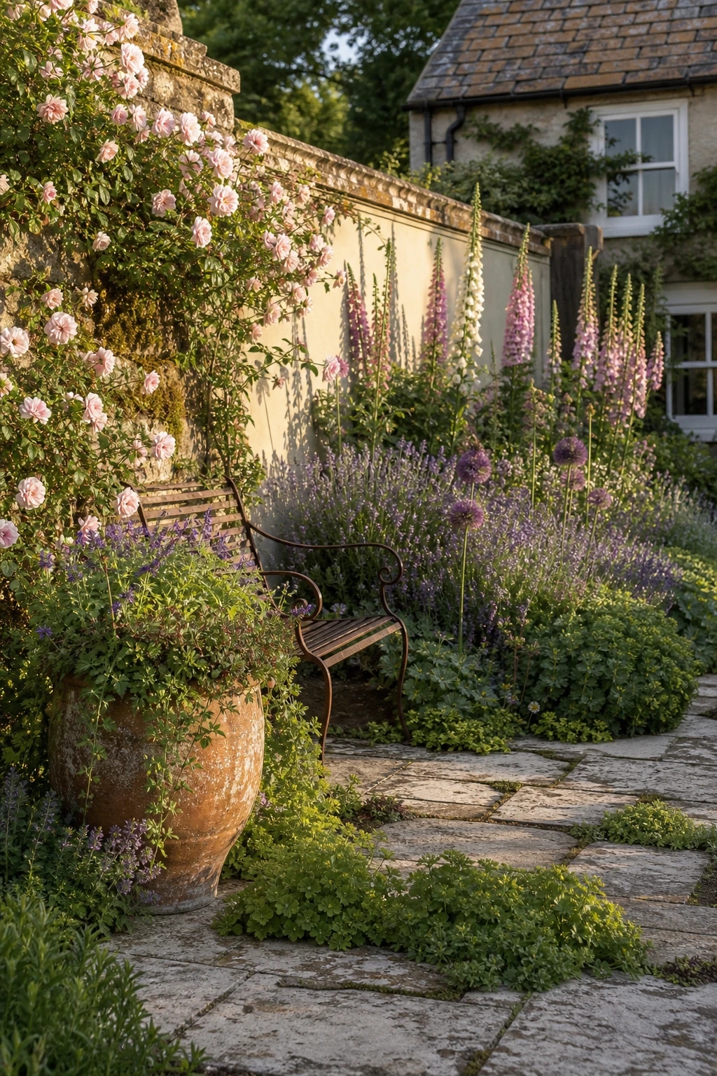 English country garden patio with cottage plant mix hero of layered roses foxgloves lavender and alliums spilling over stone pavers in soft afternoon light