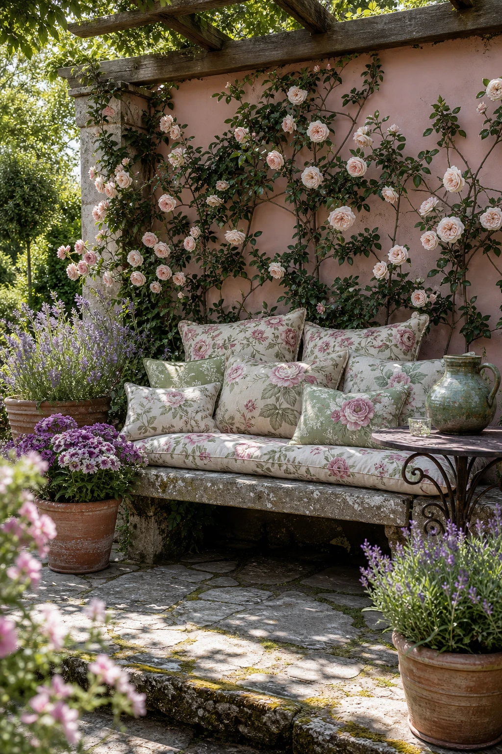 English country garden patio with floral outdoor cushions heaped on a stone bench, climbing roses, terracotta pots and Farrow & Ball Calamine painted wall beyond