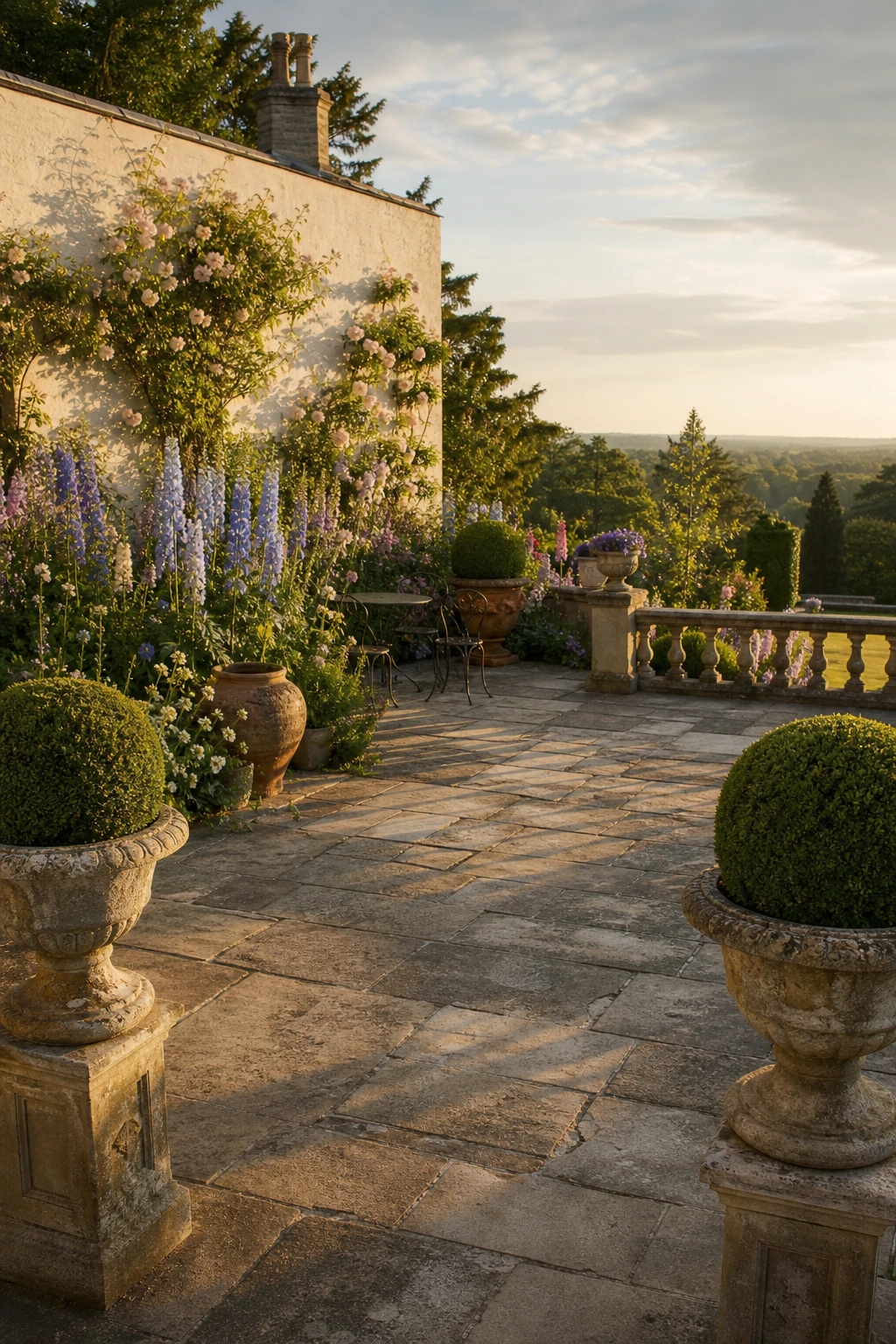 English country garden patio with grand estate scale layered borders, clipped topiary urns, stone balustrade, and warm white rendered garden wall in afternoon light