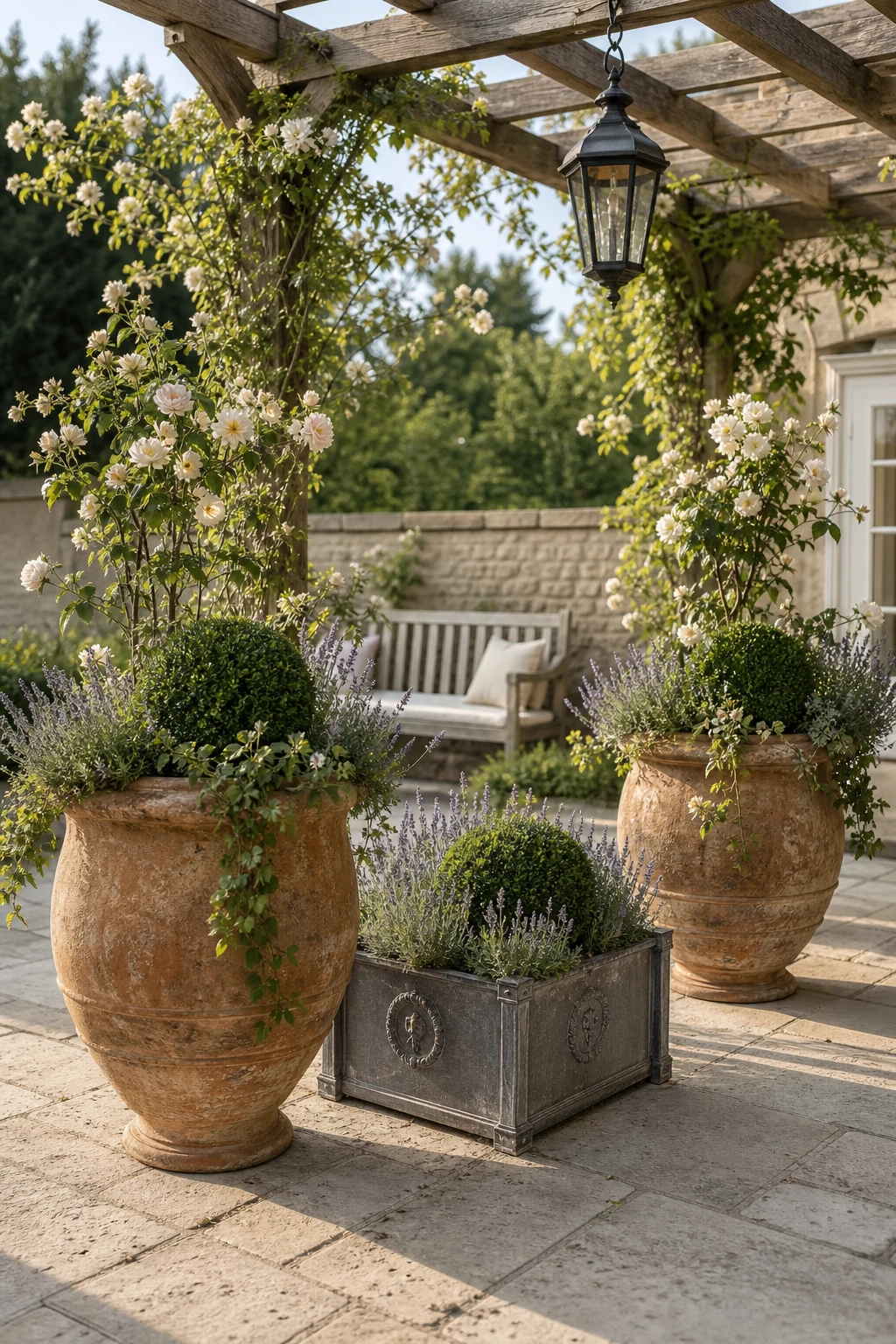 English country garden patio with large statement planters in warm stone tones, overflowing with roses and lavender, soft morning light on aged terracotta and clipped box