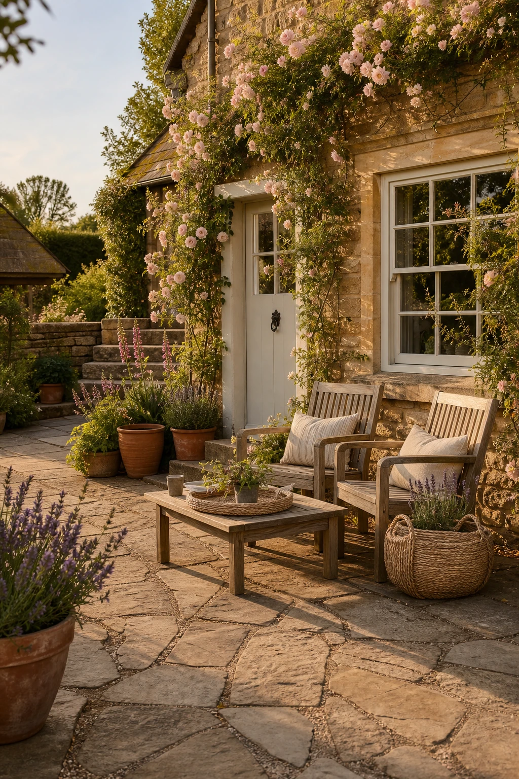 English country garden patio with stone cottage backdrop, weathered teak seating, climbing roses, and Farrow and Ball Old White painted timber window frames in warm afternoon light