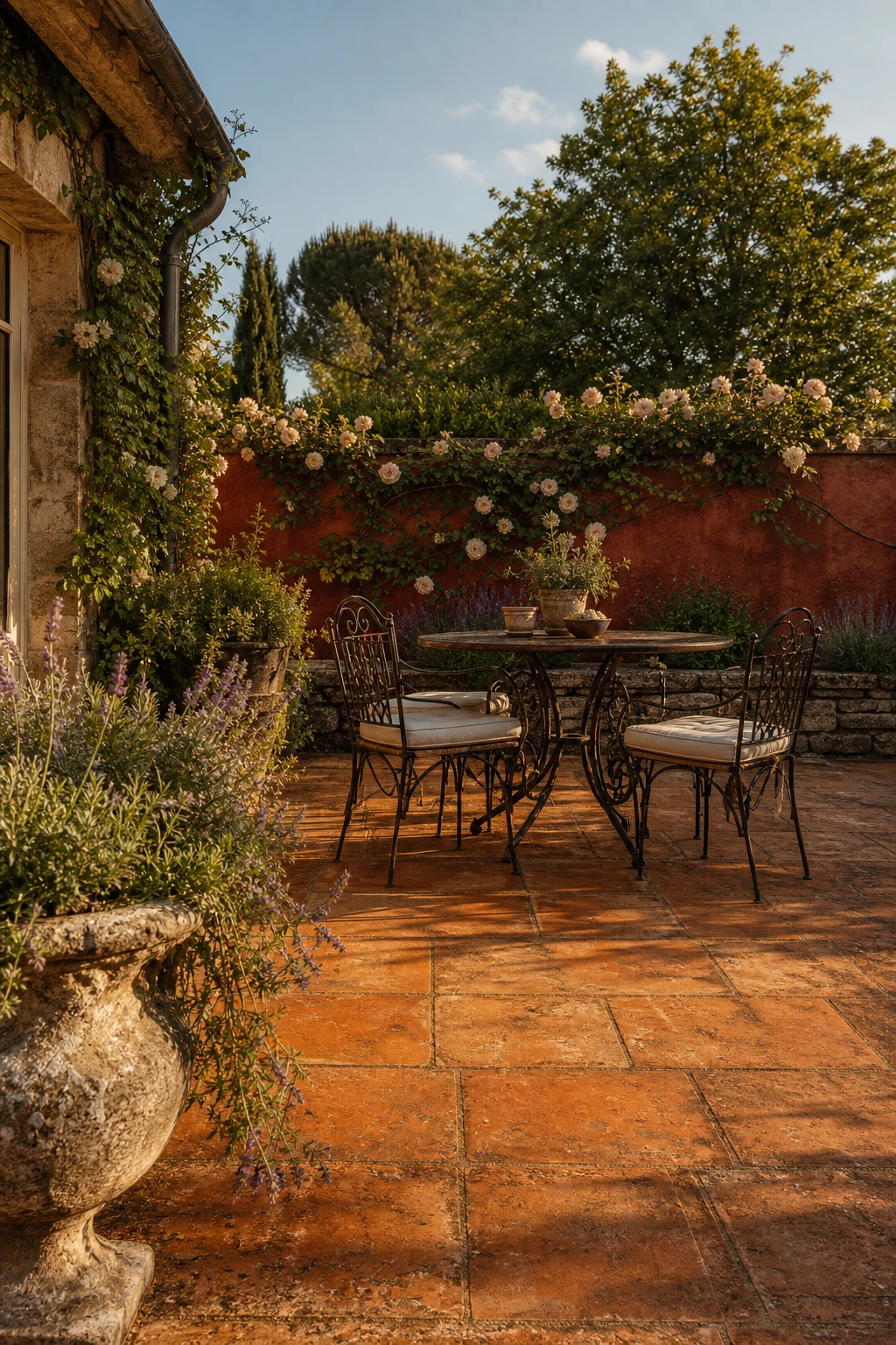 English country garden patio with terracotta tiles as the hero floor, aged stone planters, climbing roses, wrought iron furniture and Farrow and Ball Red Earth painted garden wall