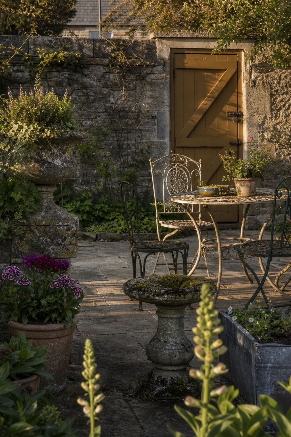 English country garden patio with vintage finds including a stone urn, aged terracotta pots, weathered cast iron furniture and a Farrow & Ball Archive painted garden wall
