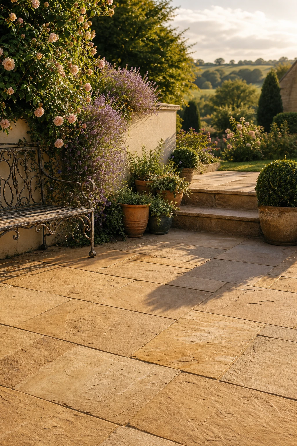English country garden patio with warm sandstone paving as the hero, bordered by cottage plantings, a wrought iron bench, and Farrow and Ball Dorset Cream painted garden wall