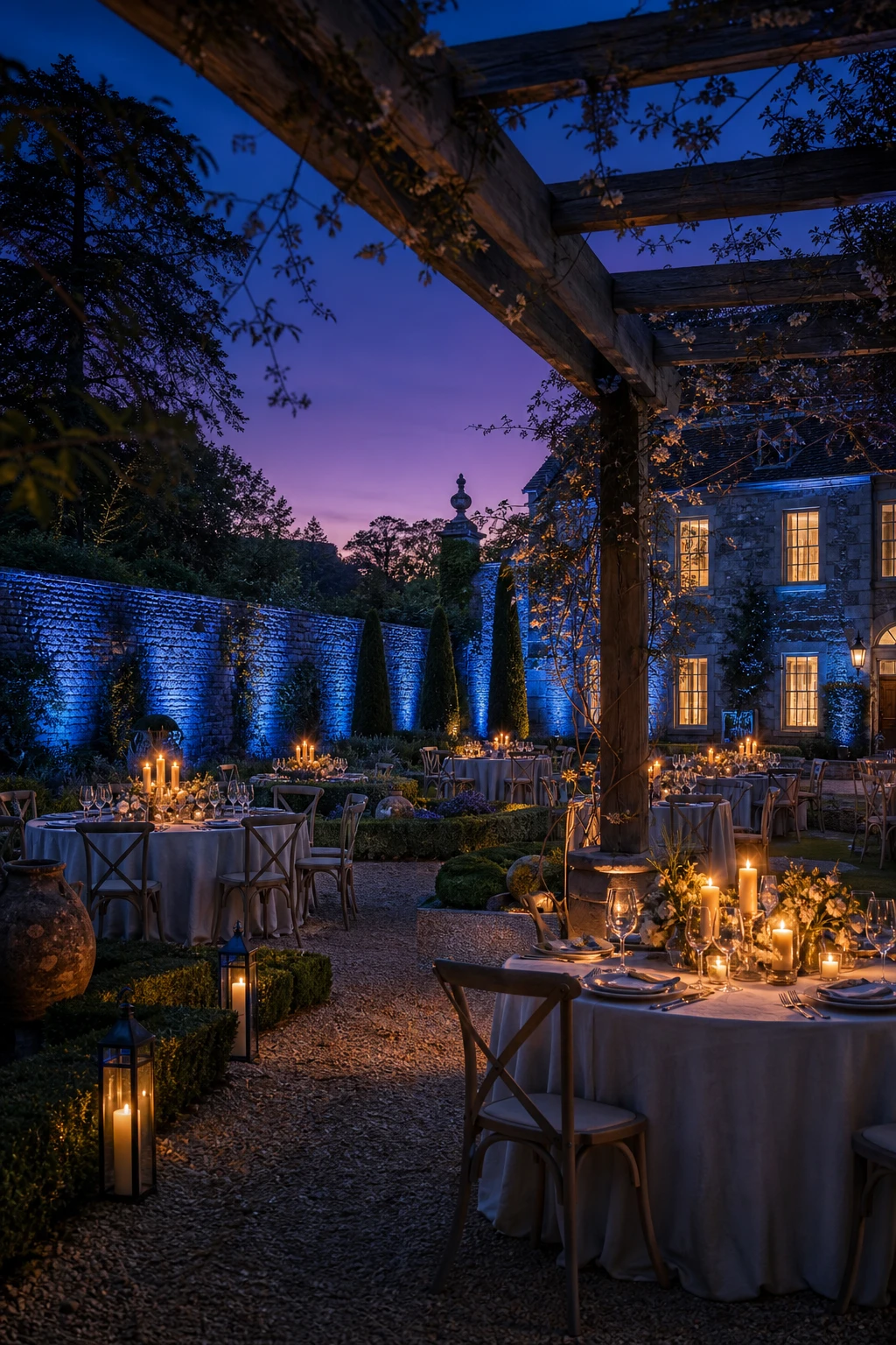 English country garden wedding at dusk with blue uplighting illuminating stone walls and hedges, warm candlelight on linen draped tables beneath a timber pergola