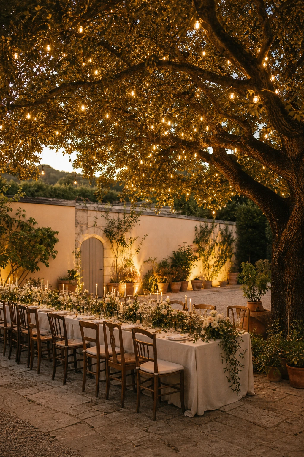 English country garden wedding at dusk with hundreds of warm tree canopy lights strung through mature oak branches above a dressed dining table