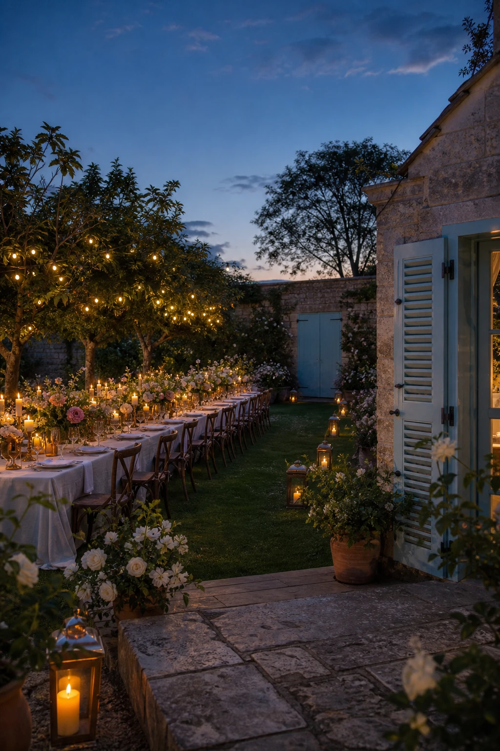 English country garden wedding at twilight with soft blue hour light glowing over reception tables, floral arrangements and candlelit lanterns on a lawn